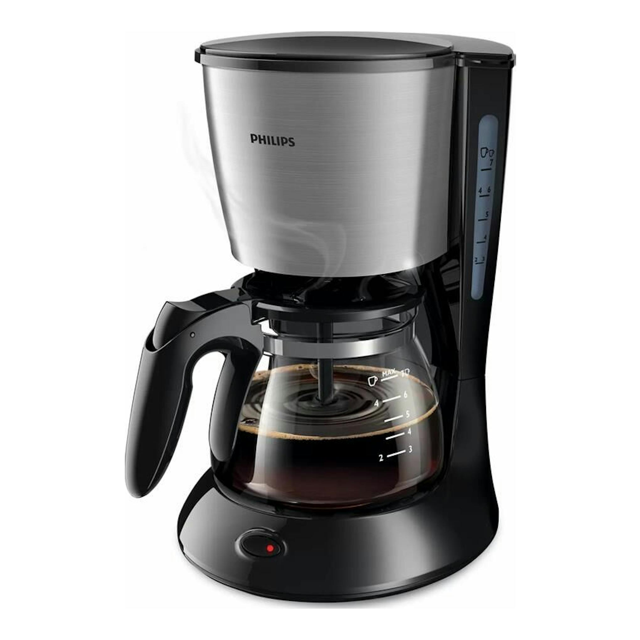 Cafetera de goteo Philips HD7435/20, vista frontal, negra y plateada, con jarra de vidrio con café.
