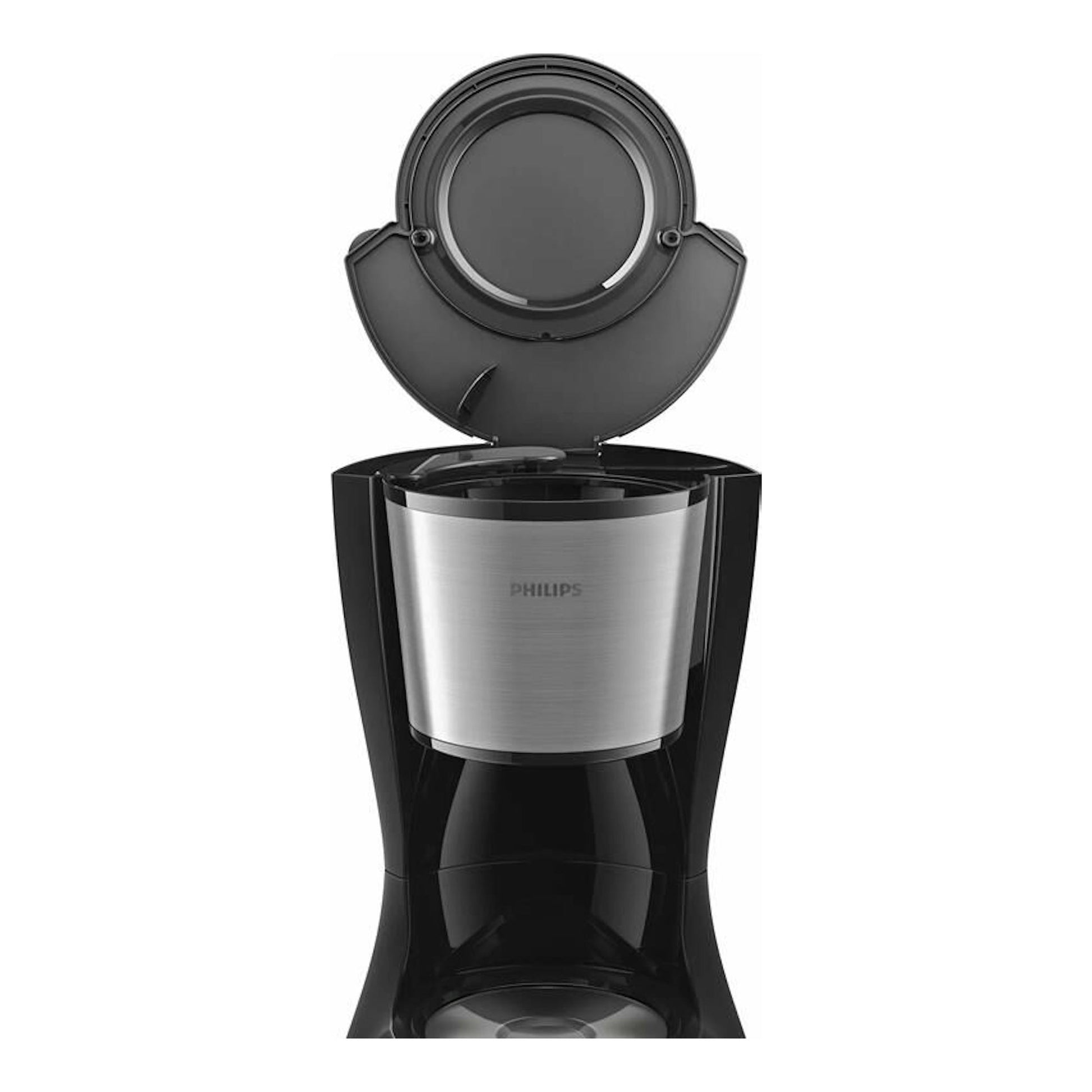 Cafetera de goteo Philips HD7462/20 negra y plateada, vista frontal con tapa superior abierta.