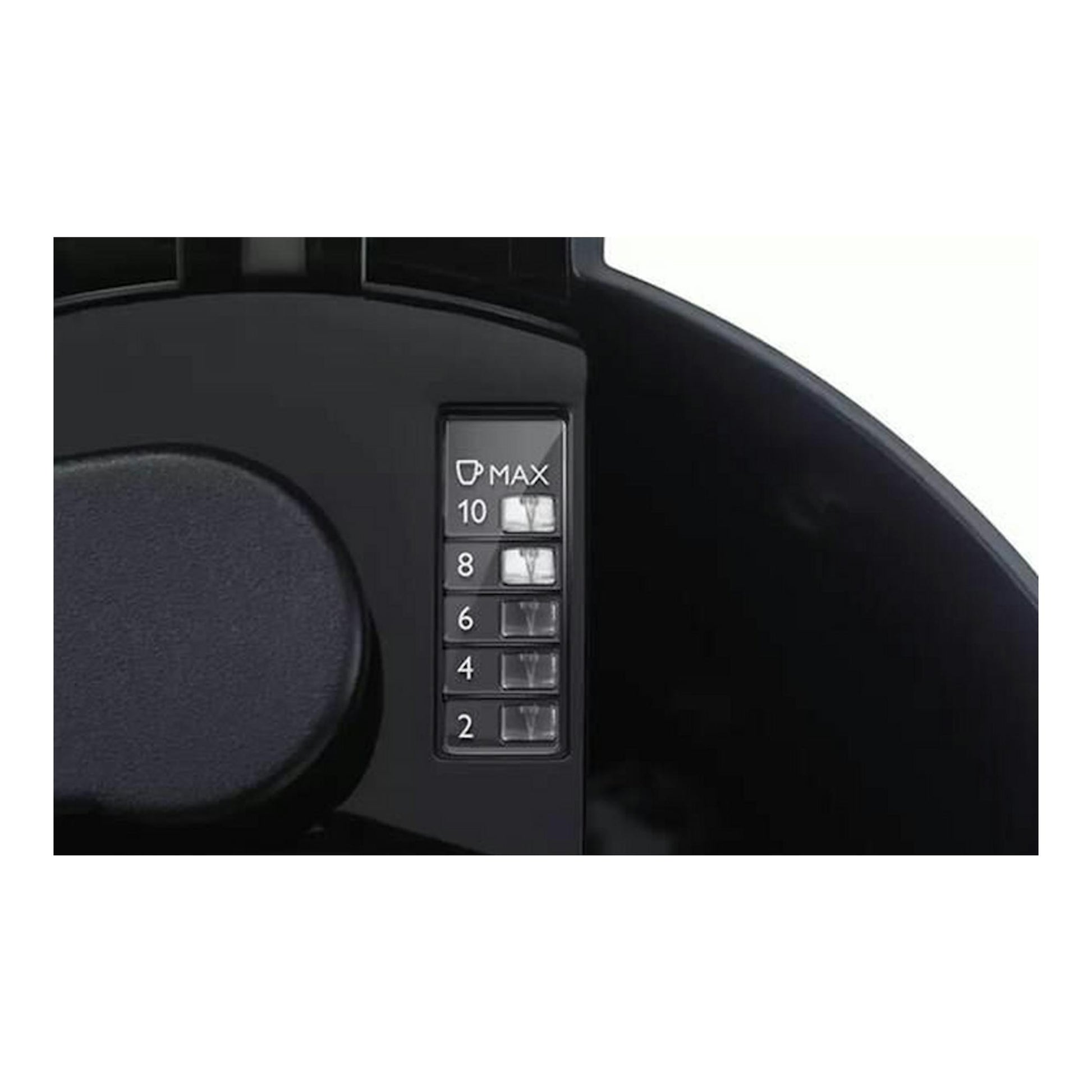 Philips HD7462/20, primer plano del indicador de nivel de agua negro con marcas 2, 4, 6, 8 y 10.