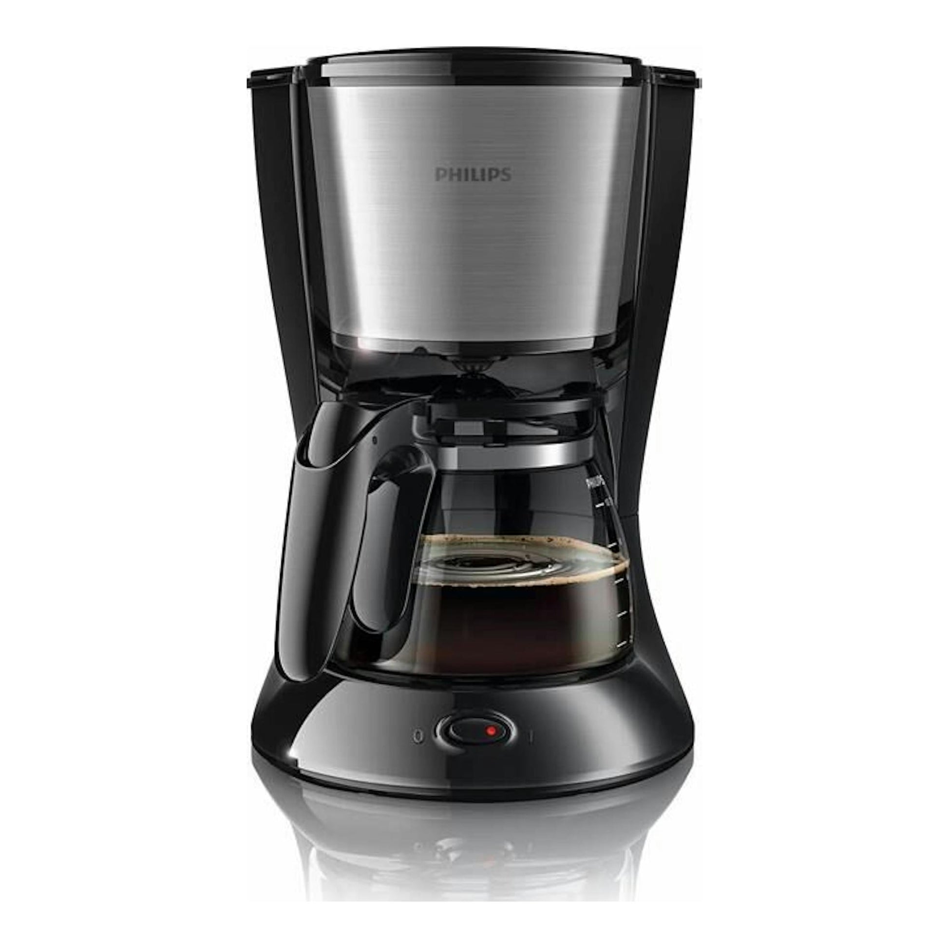Cafetera de goteo Philips HD7462/20, vista frontal, negro y acero inoxidable, con jarra de vidrio.