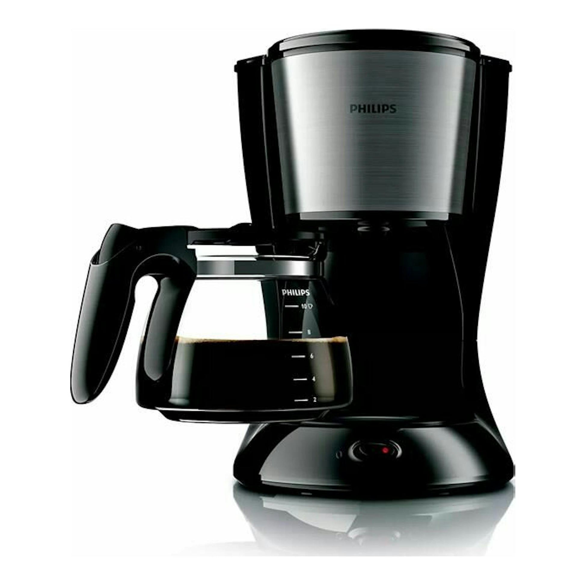 Cafetera de goteo Philips HD7462/20, negra y acero inoxidable, vista frontal con jarra de vidrio.