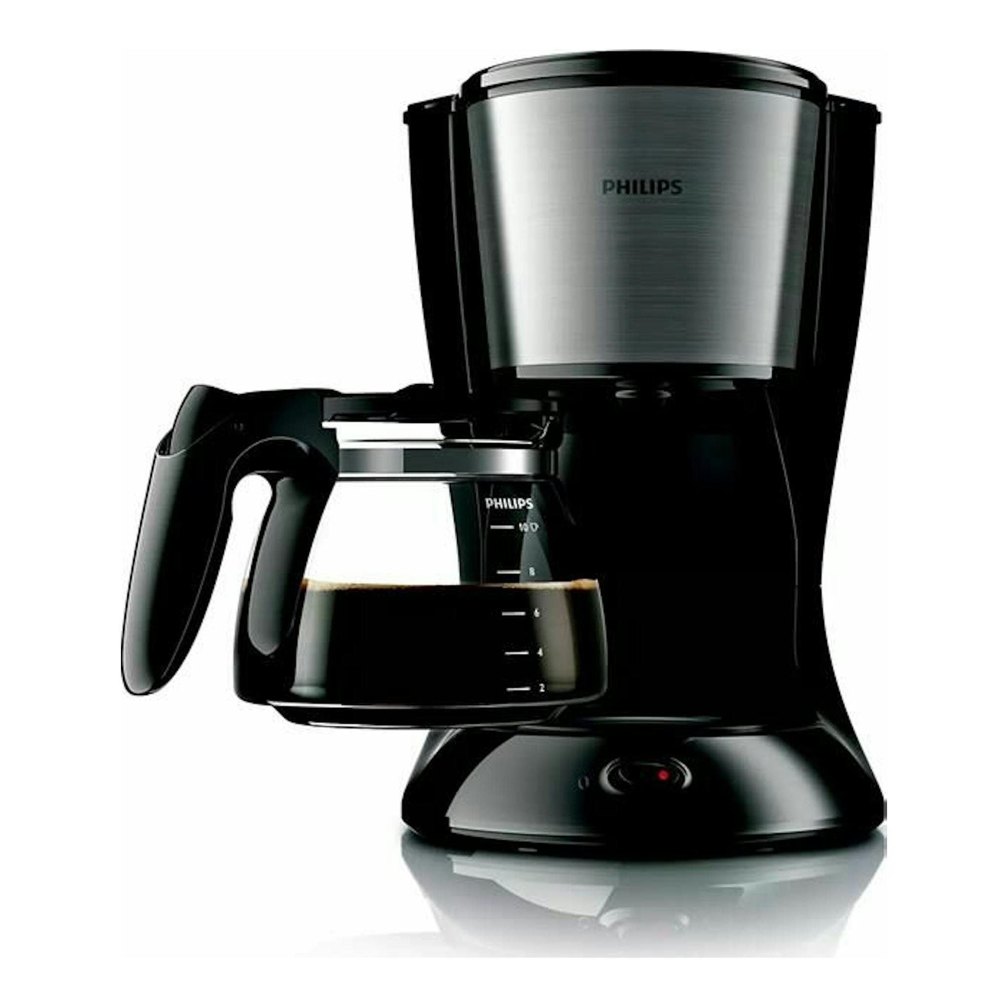 Cafetera de goteo Philips HD7462/20, negra y acero inoxidable, vista frontal con jarra de vidrio.