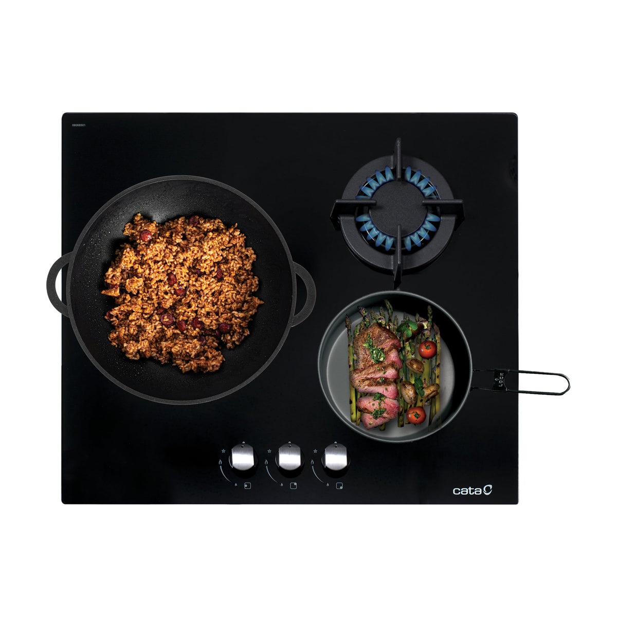 Placa de gas CATA CCI 6021 BK de cristal negro, 3 quemadores