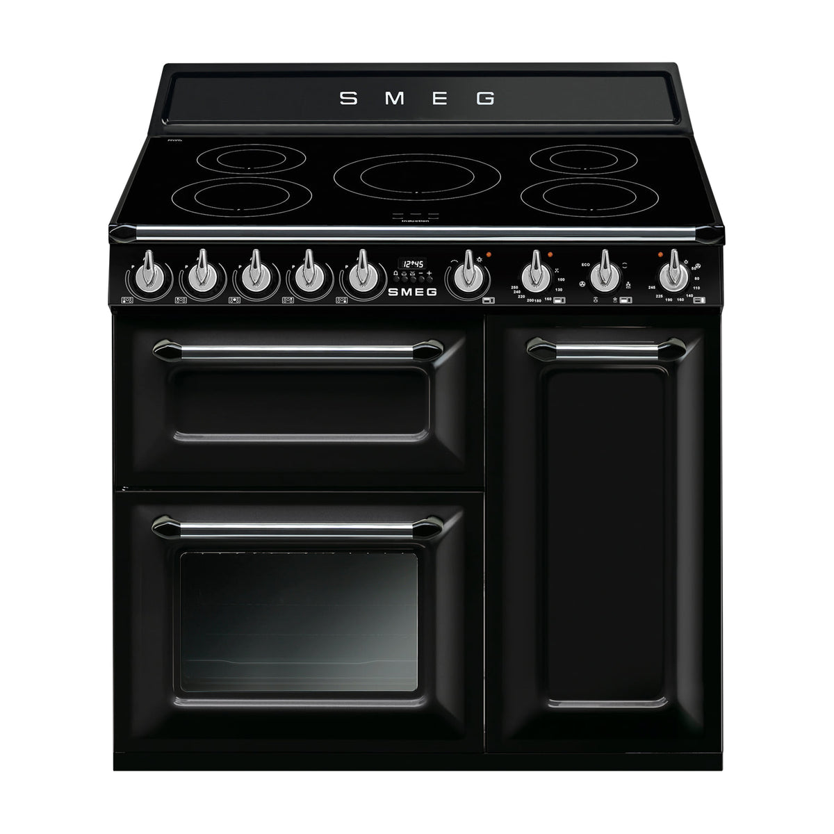 Cocina de inducción Smeg TR93IBL2 de 90 cm con tres hornos, negra