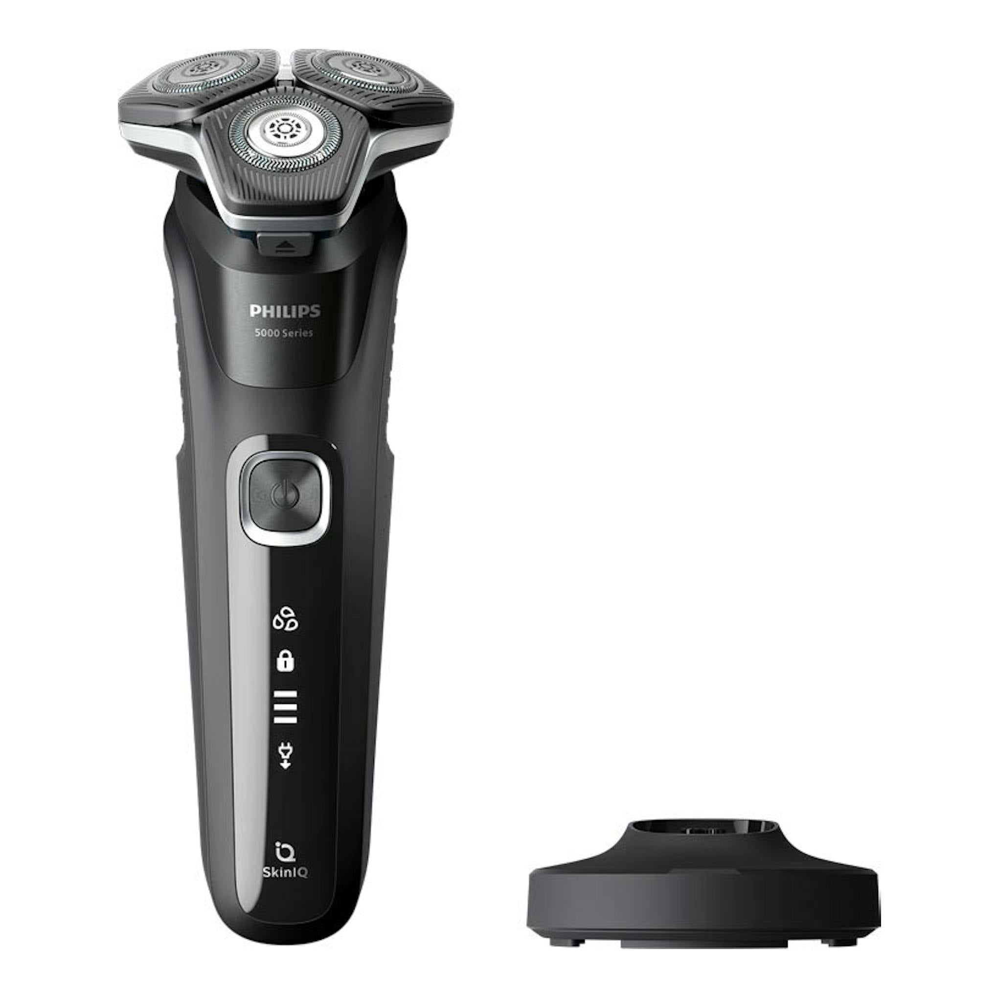 Afeitadora Philips S5898/25 negra, vista frontal, con cabezal de tres discos y base de carga.