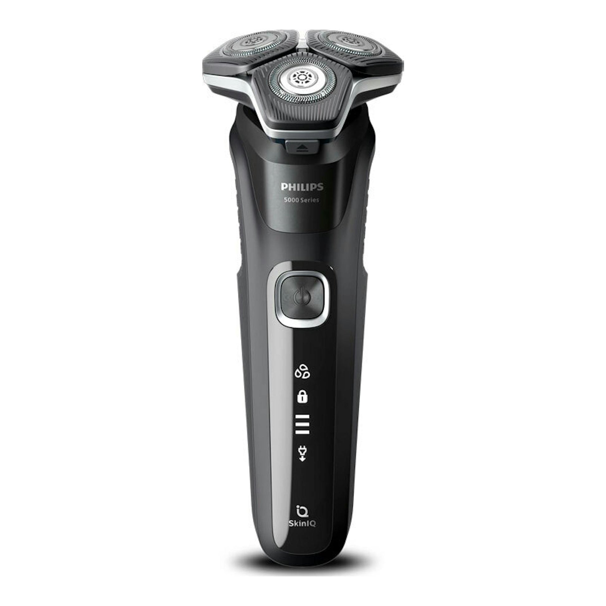 Afeitadora Philips S5898/25 negra, vista frontal, con tres cabezales giratorios y pantalla LED.