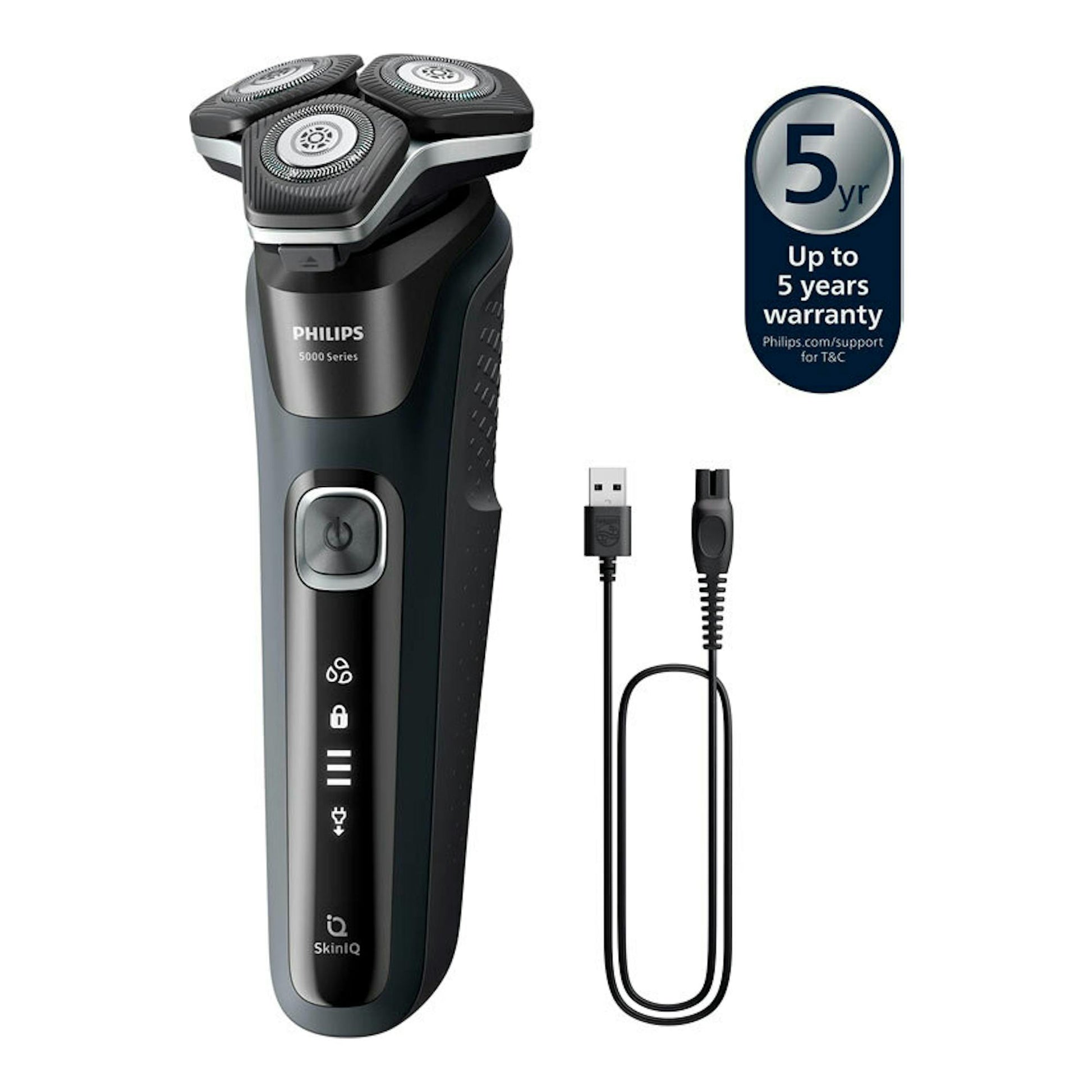 Afeitadora Philips S5898/25 negra, vista frontal, con cable USB y sello de garantía de 5 años.