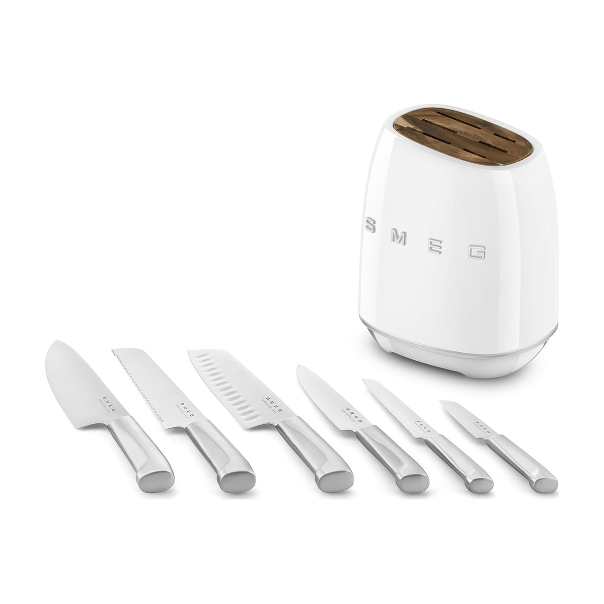 Set de cuchillos Smeg KBSF02WH con bloque blanco y 6 cuchillos de acero inoxidable