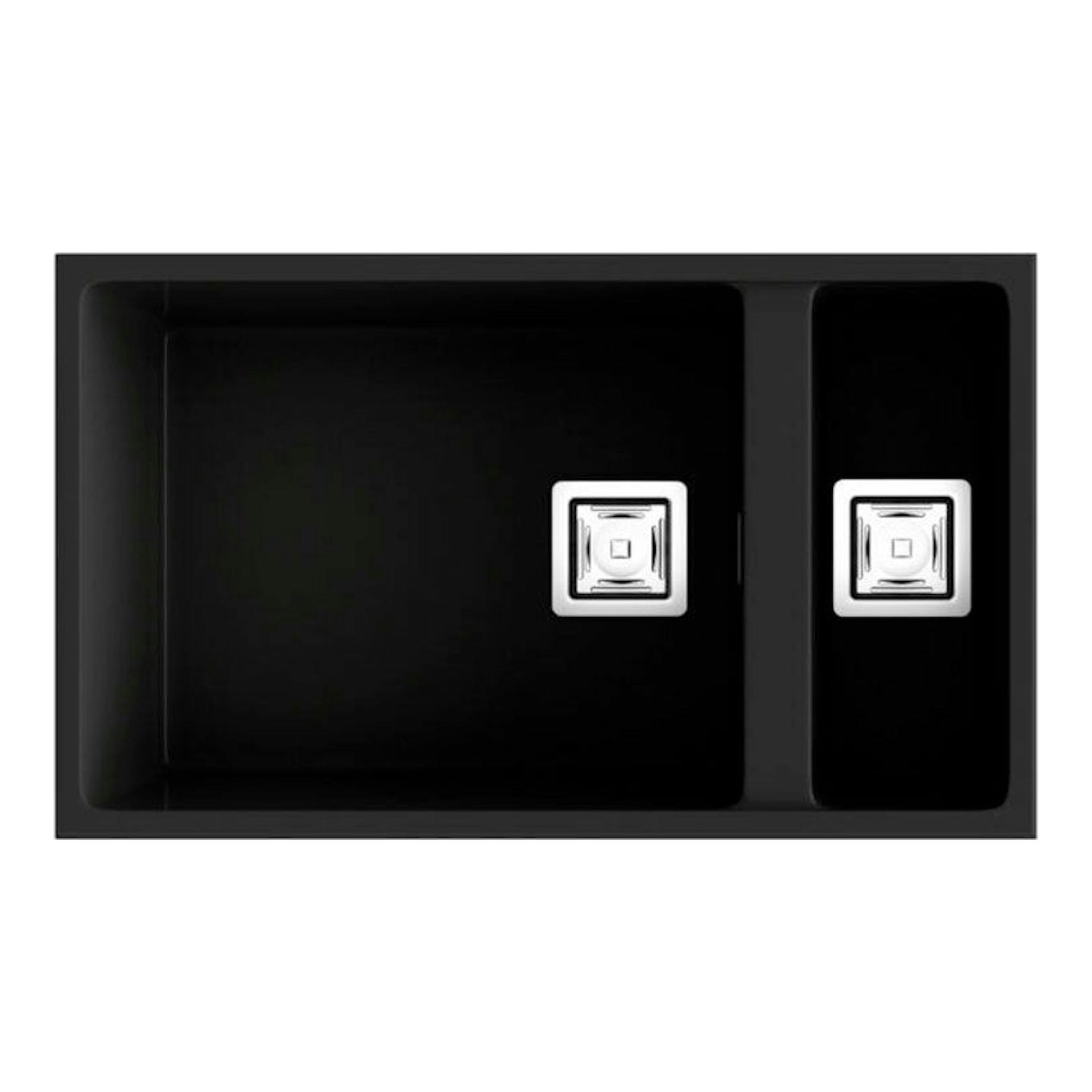 Fregadero Poalgi Zie 70 1/S+1/2S basalto, vista superior, doble seno negro con dos desagües.
