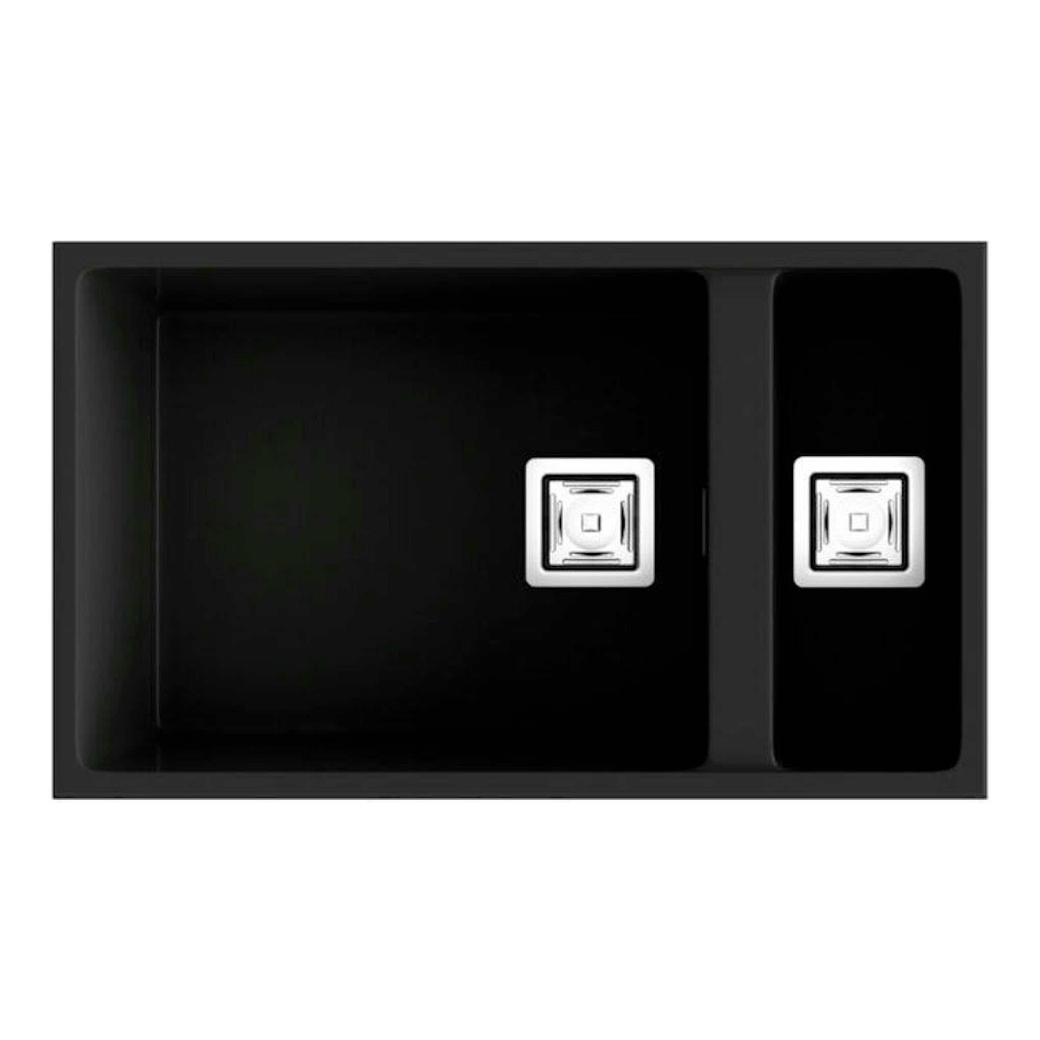 Fregadero Poalgi Zie 70 1/S+1/2S basalto, vista superior, doble seno negro con dos desagües.