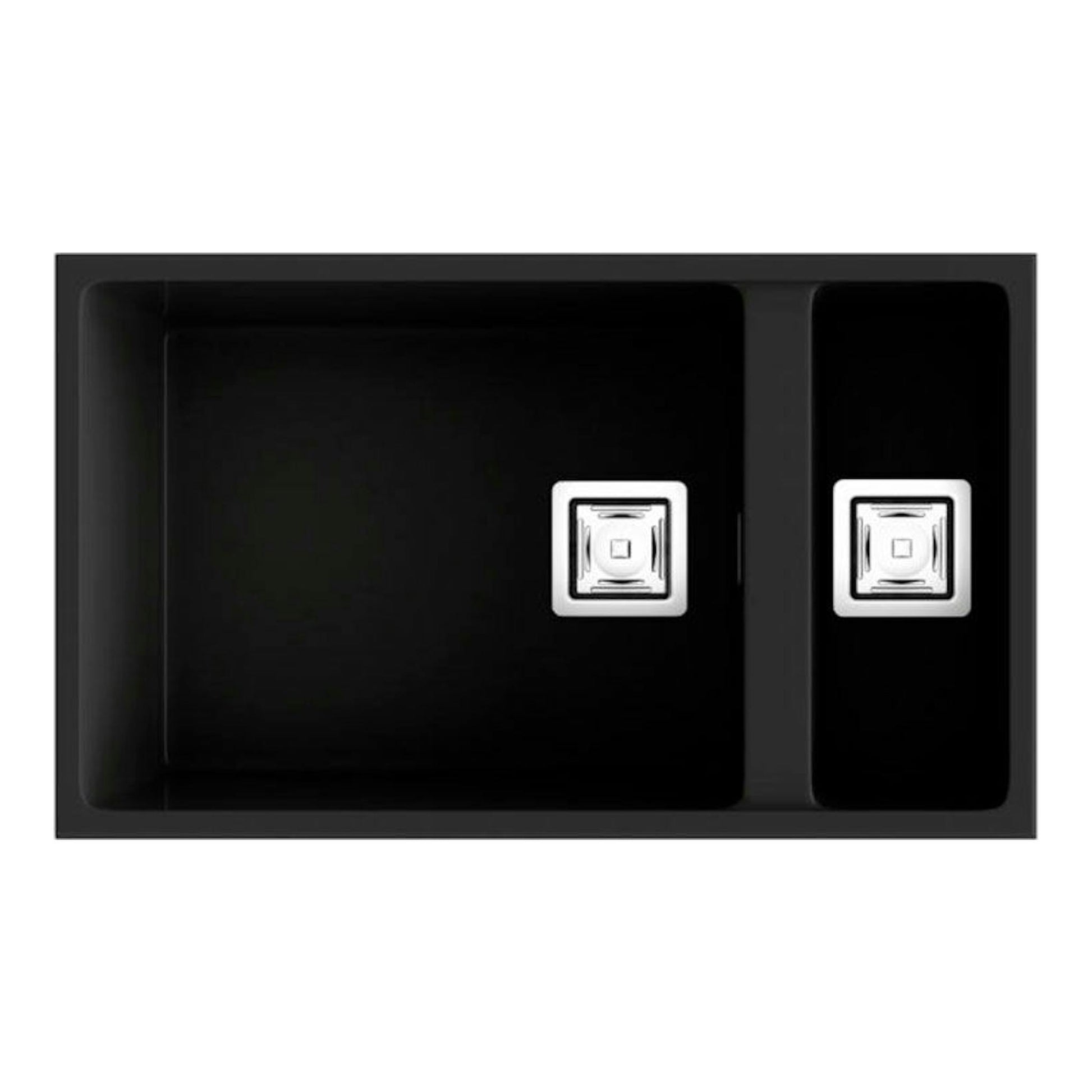 Fregadero Poalgi Zie 70 negro brillo, vista frontal, dos senos con escurridor lateral.