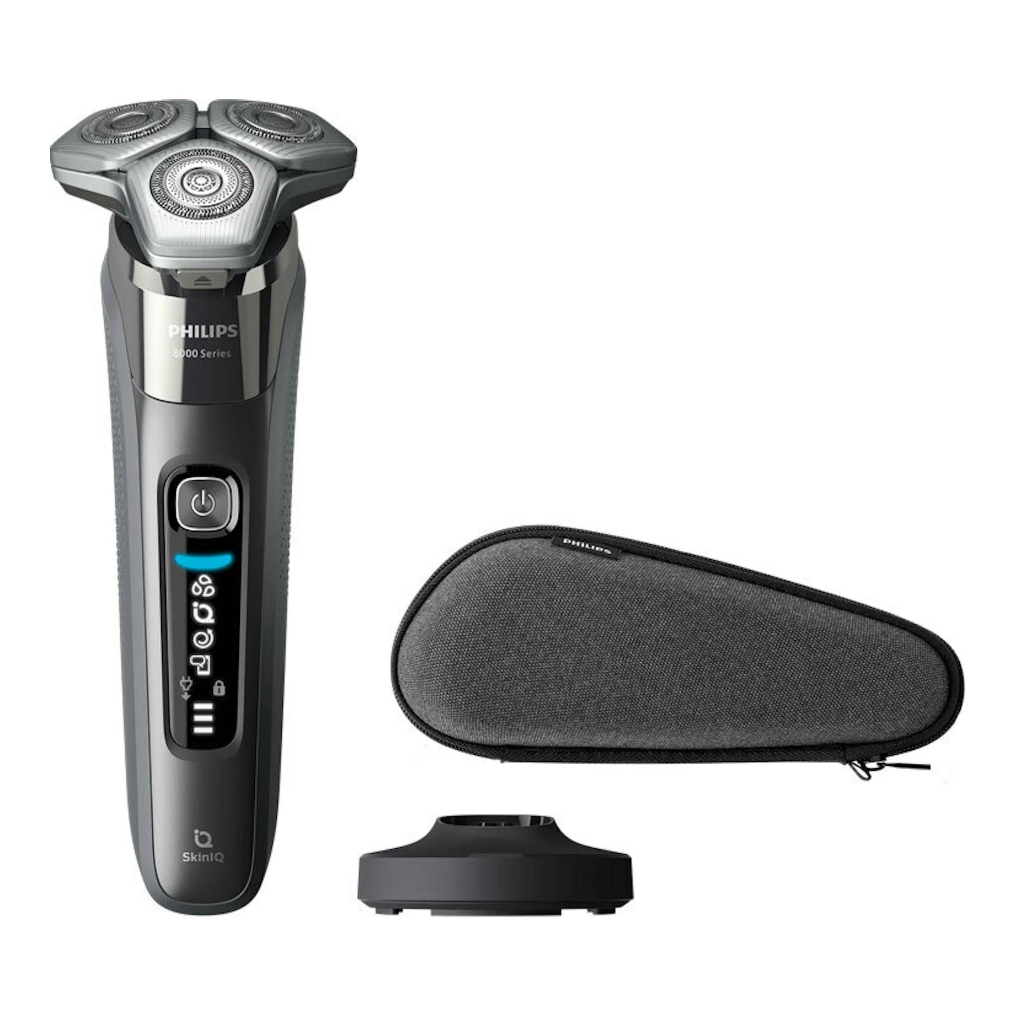 Afeitadora Philips S8697/35 en vista frontal, negra y plateada, con estuche y base de carga.