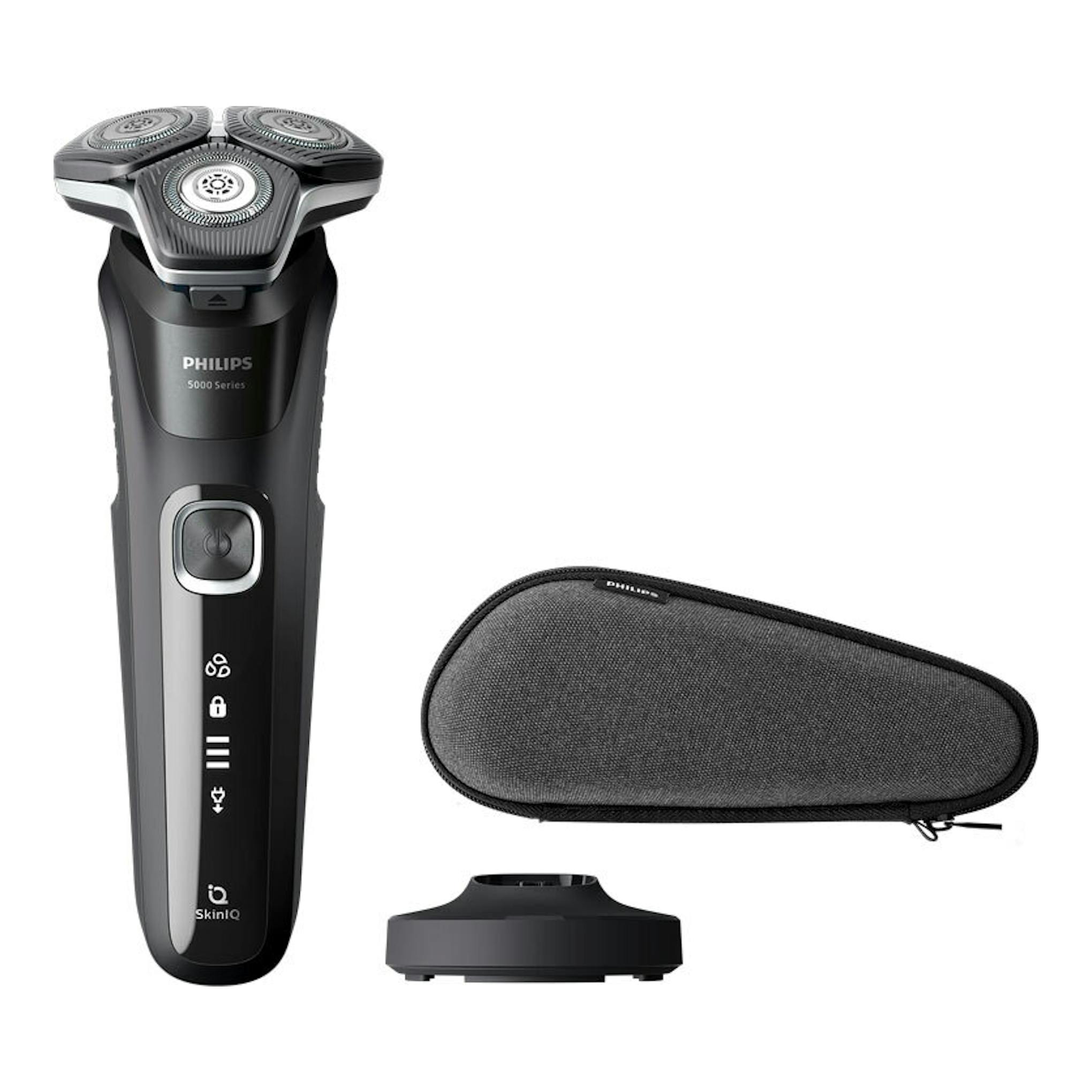 Afeitadora Philips S5898/35 negra, vista frontal, con funda y base de carga.