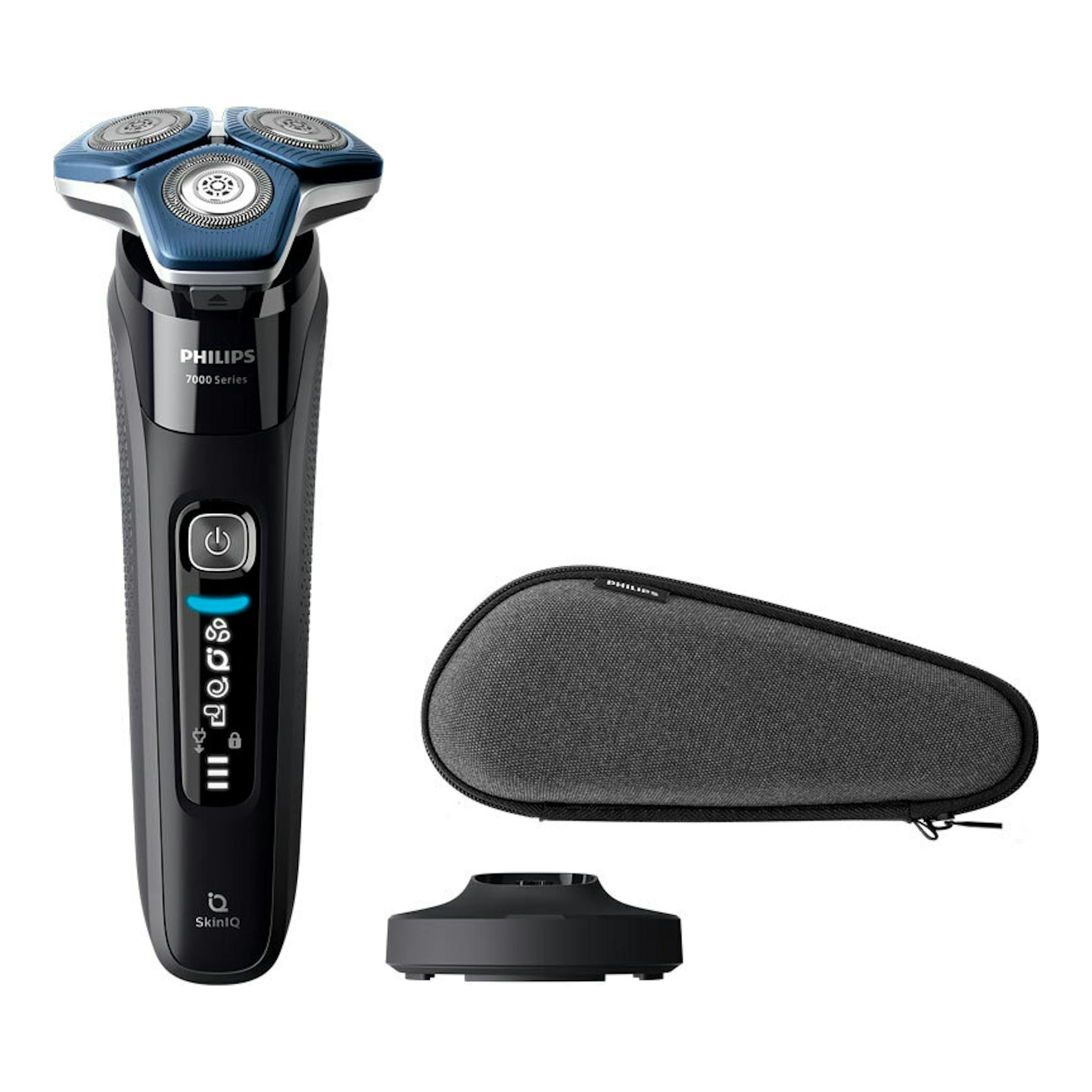 Afeitadora Philips S7886/35 negra y azul, vista frontal, con estuche gris y base de carga.