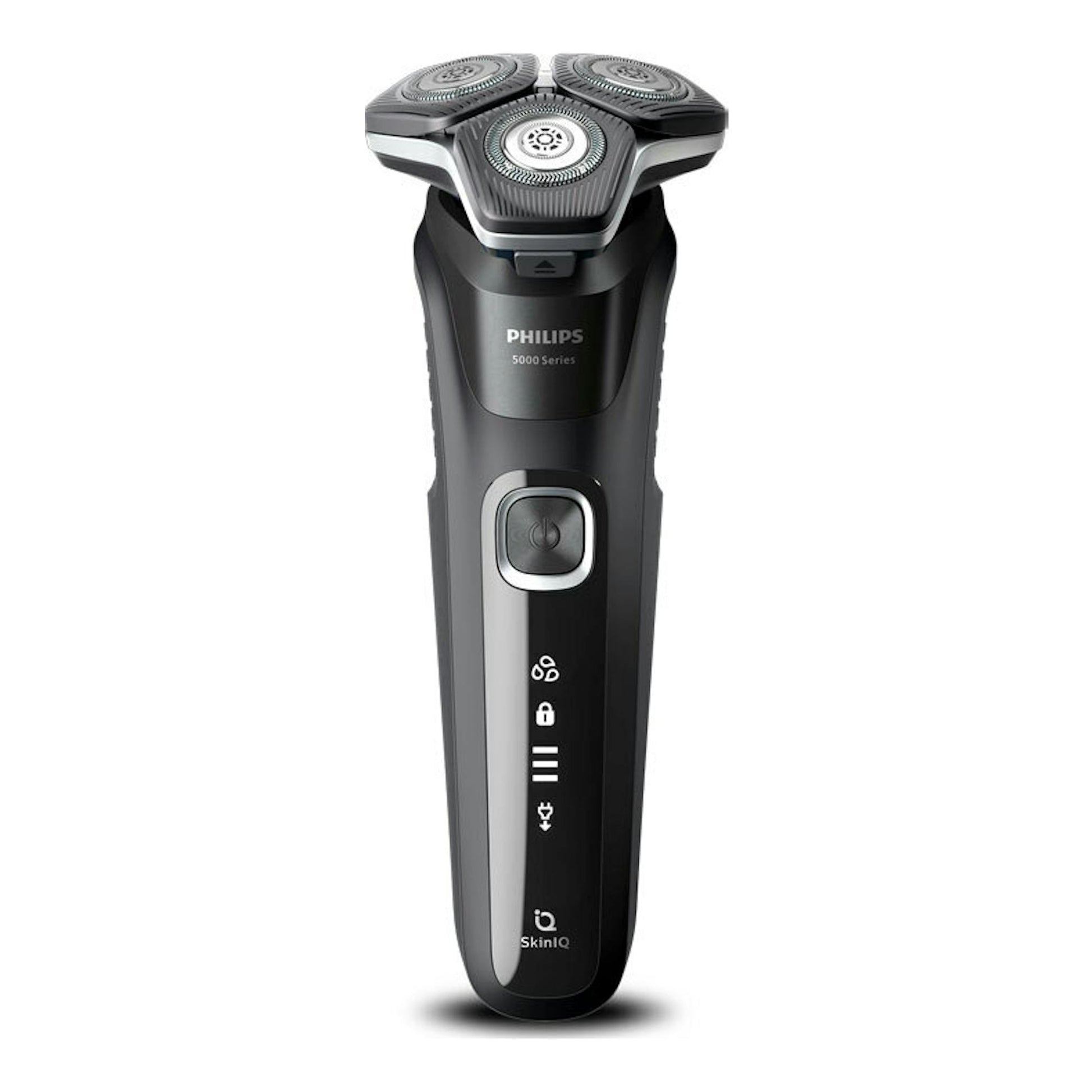 Afeitadora Philips serie 5000 negra, vista frontal, con tres cabezales giratorios y pantalla LED.