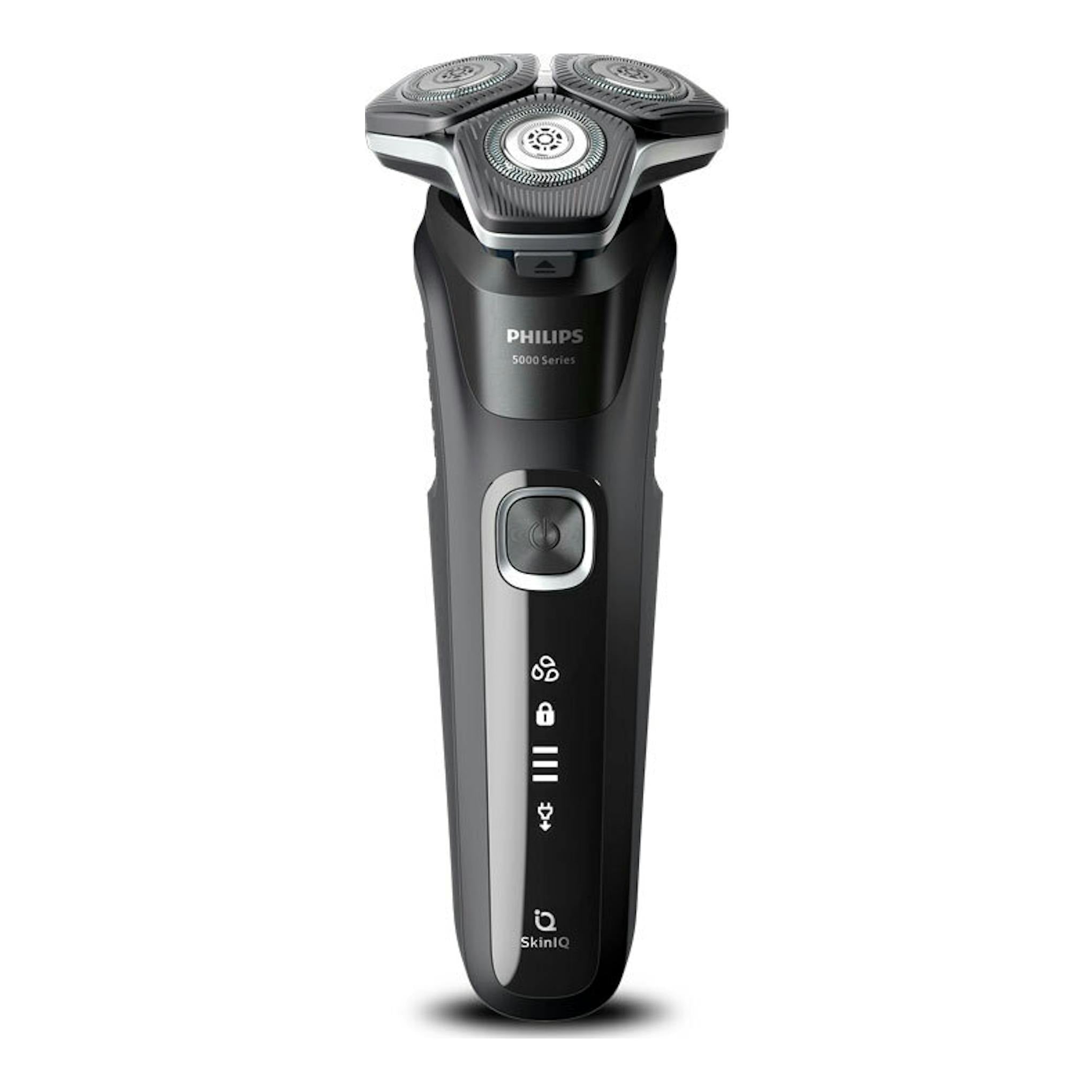 Afeitadora Philips serie 5000 negra, vista frontal, con tres cabezales giratorios y pantalla LED.