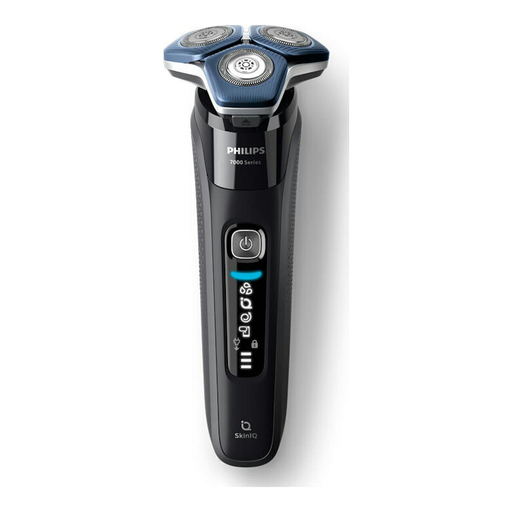 Afeitadora Philips S7886/35 negra y azul, vista frontal, con cabezal de tres discos y pantalla LED.