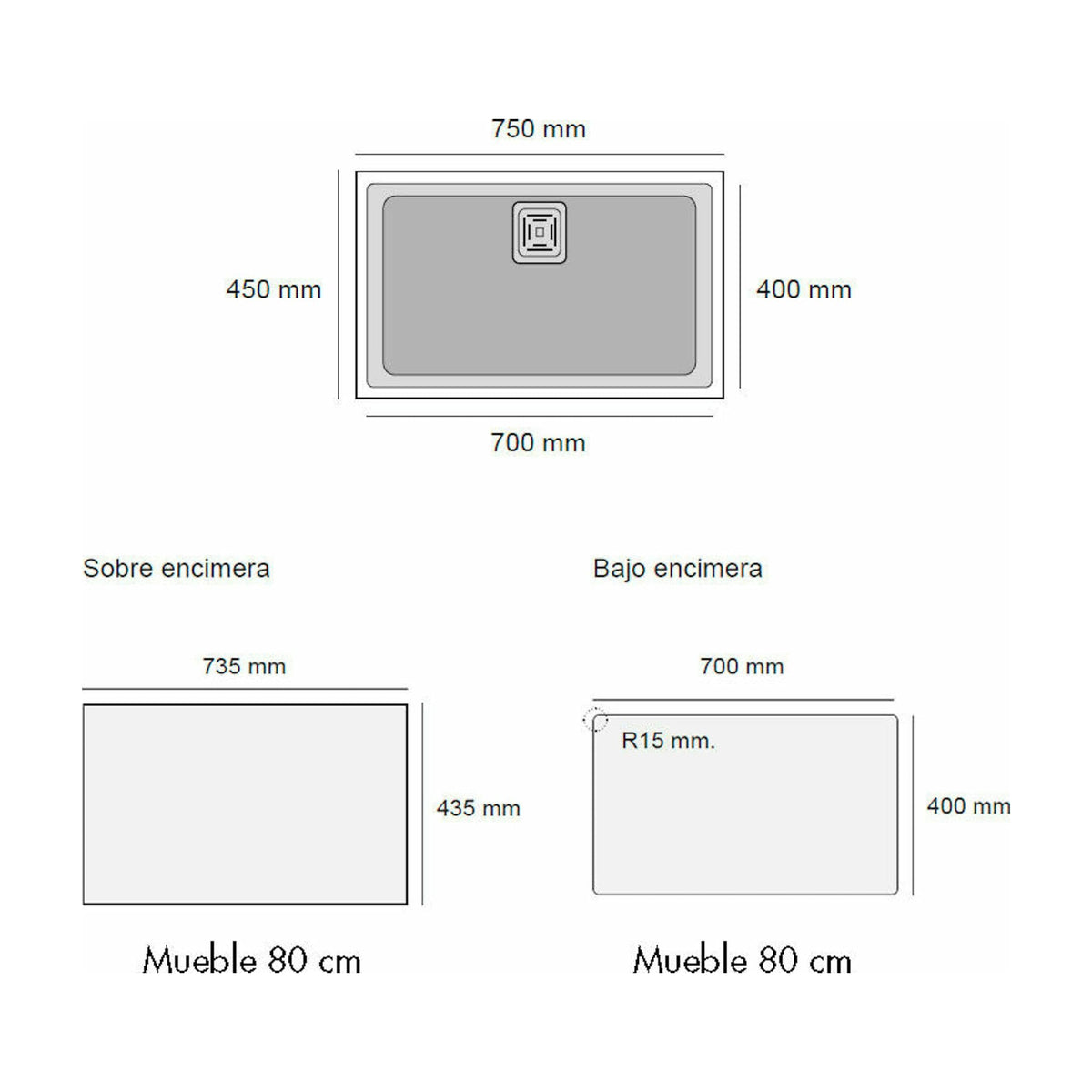 Fregadero Poalgi Zie 70 Hekla® gris Ash, bajo encimera de 75 cm