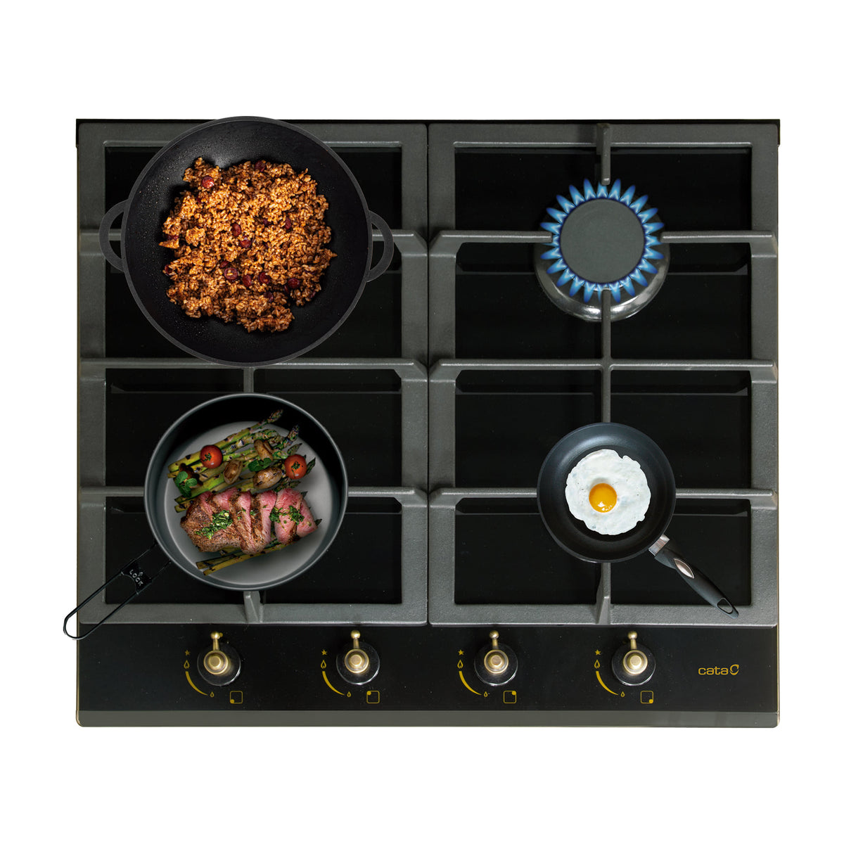 Placa de gas Cata RCI 631 BK, 4 quemadores y cristal negro