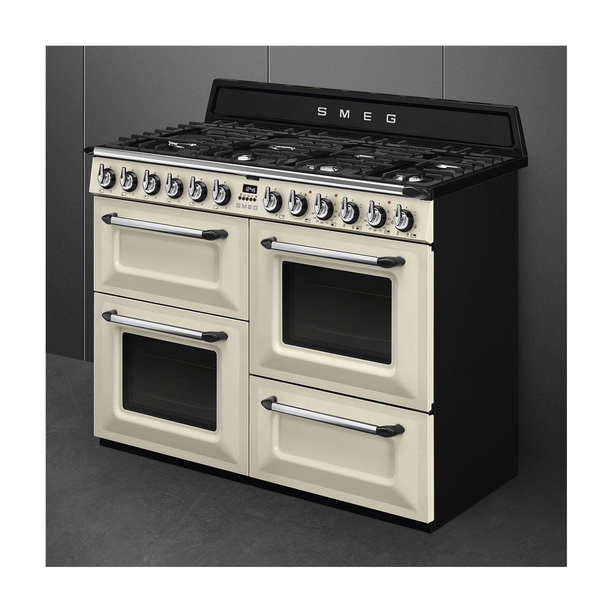 Cocina de gas Smeg TR4110P1 de 110 cm con tres hornos, crema