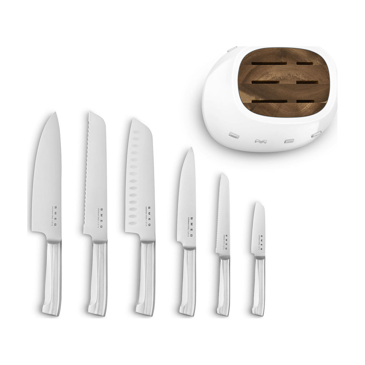 Set de cuchillos Smeg KBSF02WH con bloque blanco y 6 cuchillos de acero inoxidable