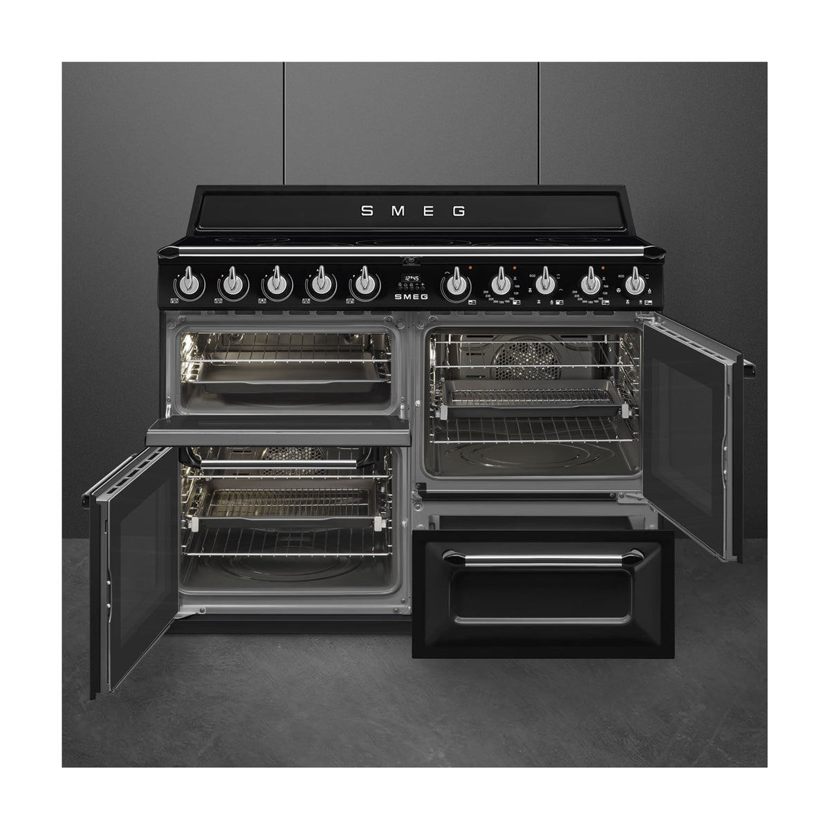 Cocina de inducción Smeg TR4110IBL2, 110 cm, negra con tres hornos