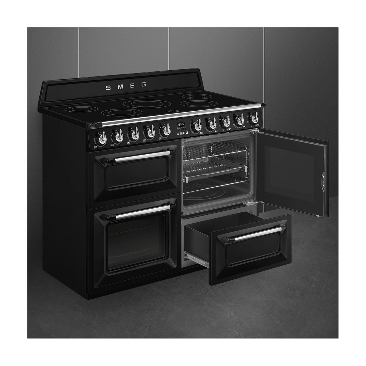 Cocina de inducción Smeg TR4110IBL2, 110 cm, negra con tres hornos