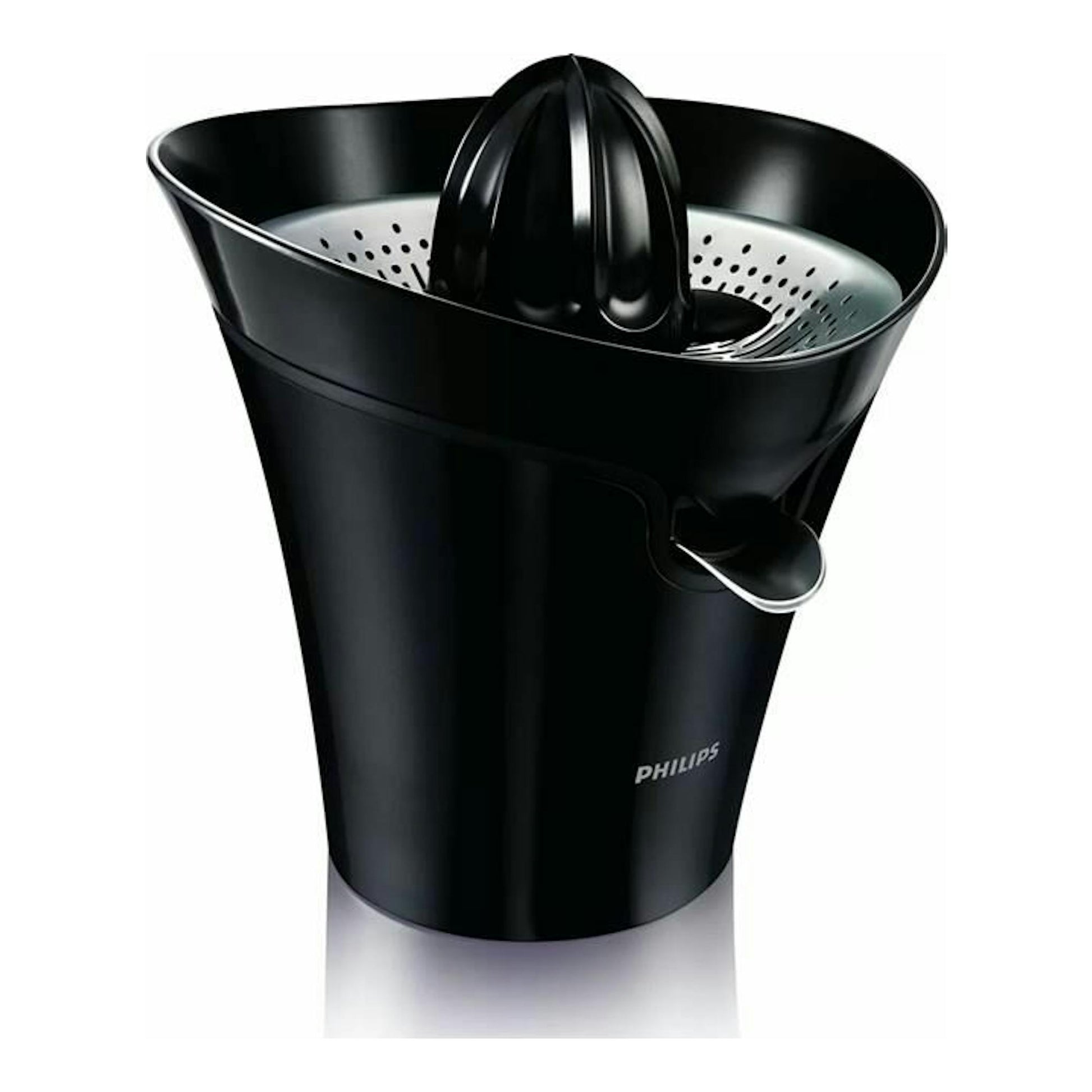 Exprimidor Philips HR2752/90 negro, vista frontal, con cono y filtro plateado y boquilla lateral.
