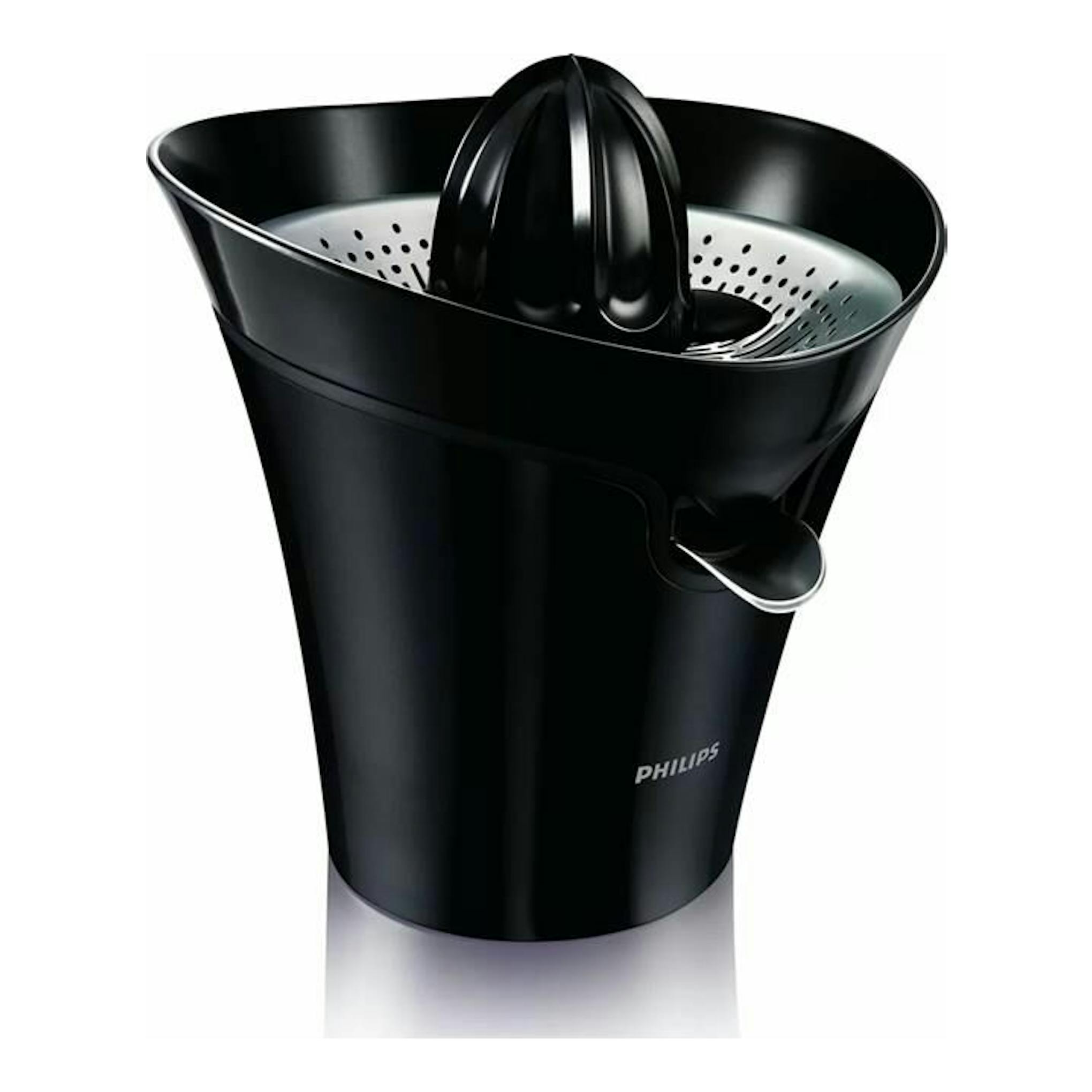 Exprimidor Philips HR2752/90 negro, vista frontal, con cono y filtro plateado y boquilla lateral.