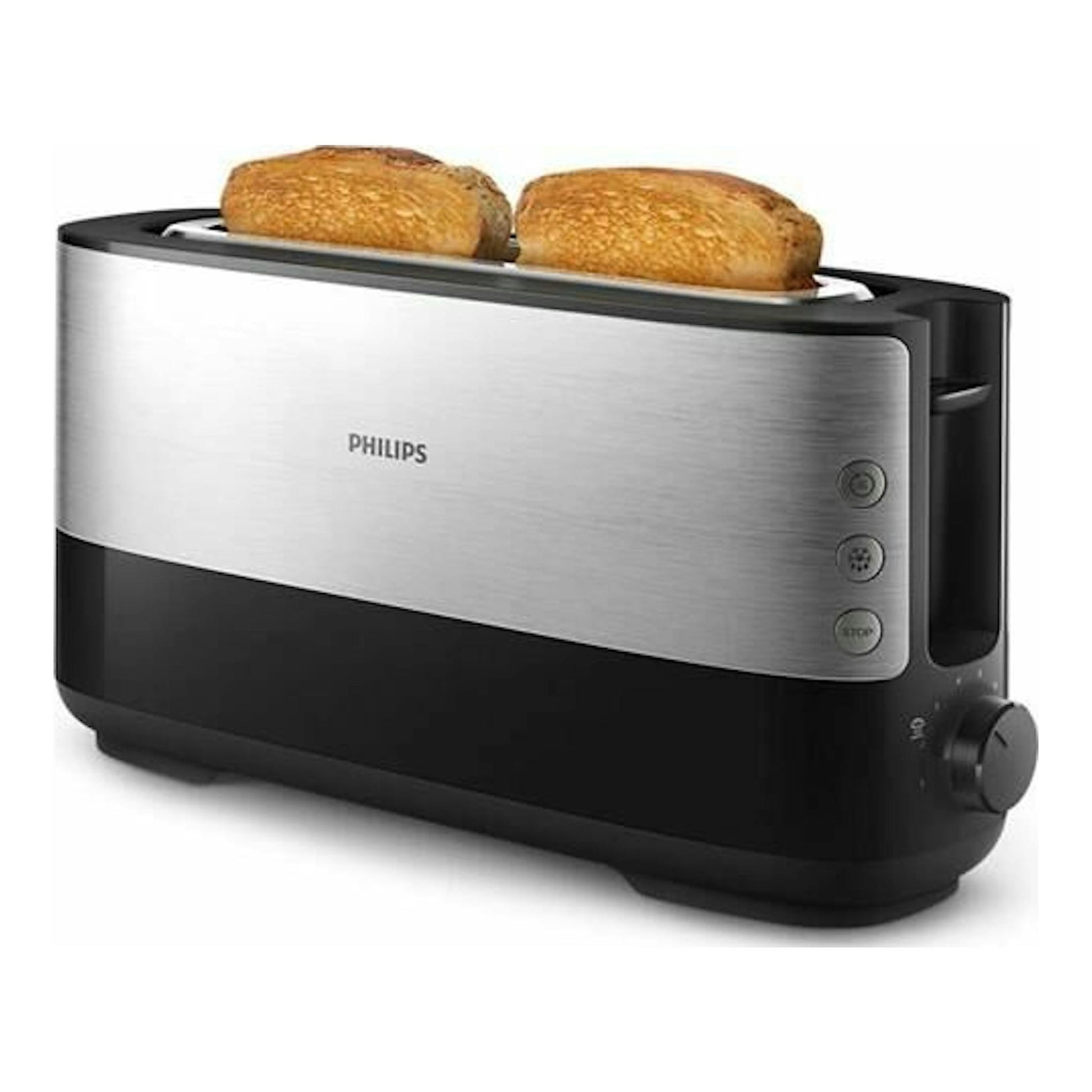 Tostador Philips HD2692/90 negro y acero inoxidable, vista frontal en tres cuartos, con dos tostadas.