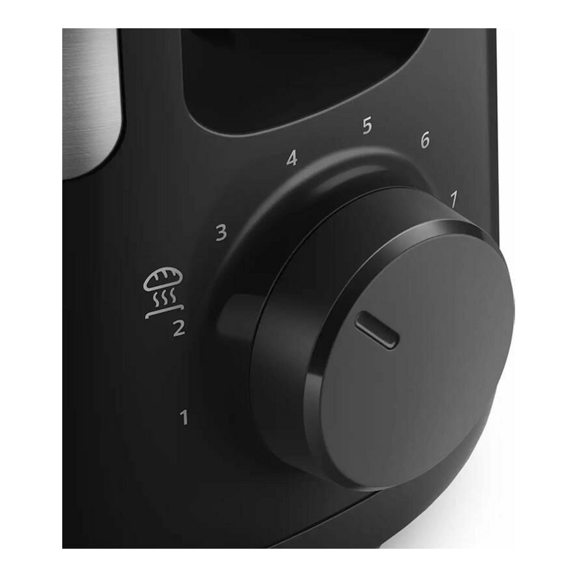 Tostador Philips HD2692/90 negro, primer plano del selector de tostado y parte lateral metálica.