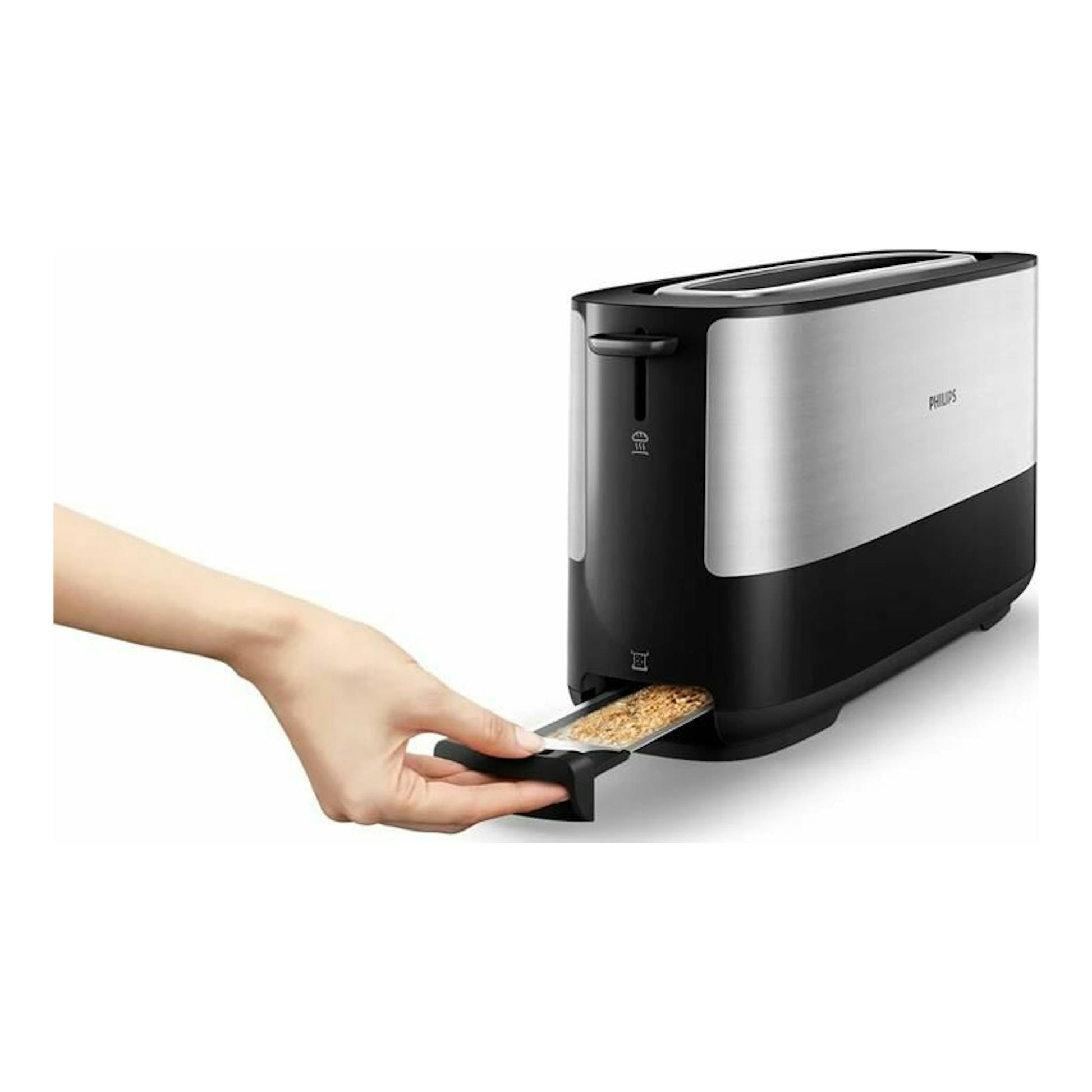Tostador Philips HD2692/90 negro y plateado, vista frontal lateral, con bandeja extraíble y una mano.