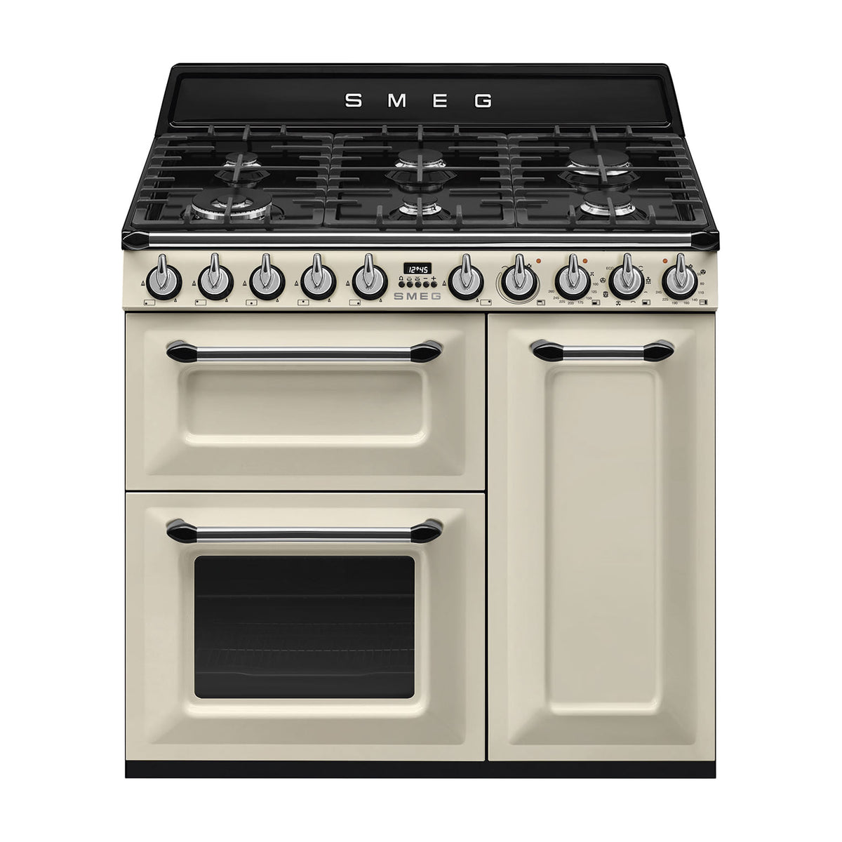 Cocina de gas Smeg TR93P de 90 cm con tres hornos eléctricos, crema