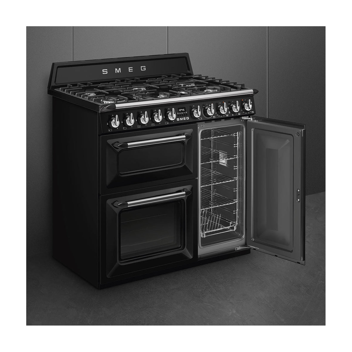 Cocina de gas Smeg TR93BL de 90 cm con tres hornos eléctricos