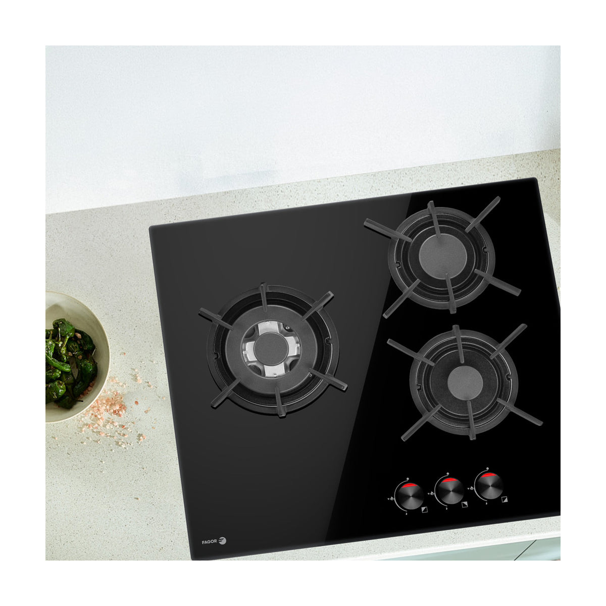 Placa de gas Fagor 3CFI-3GLSPB de 3 zonas con quemador wok y cristal negro