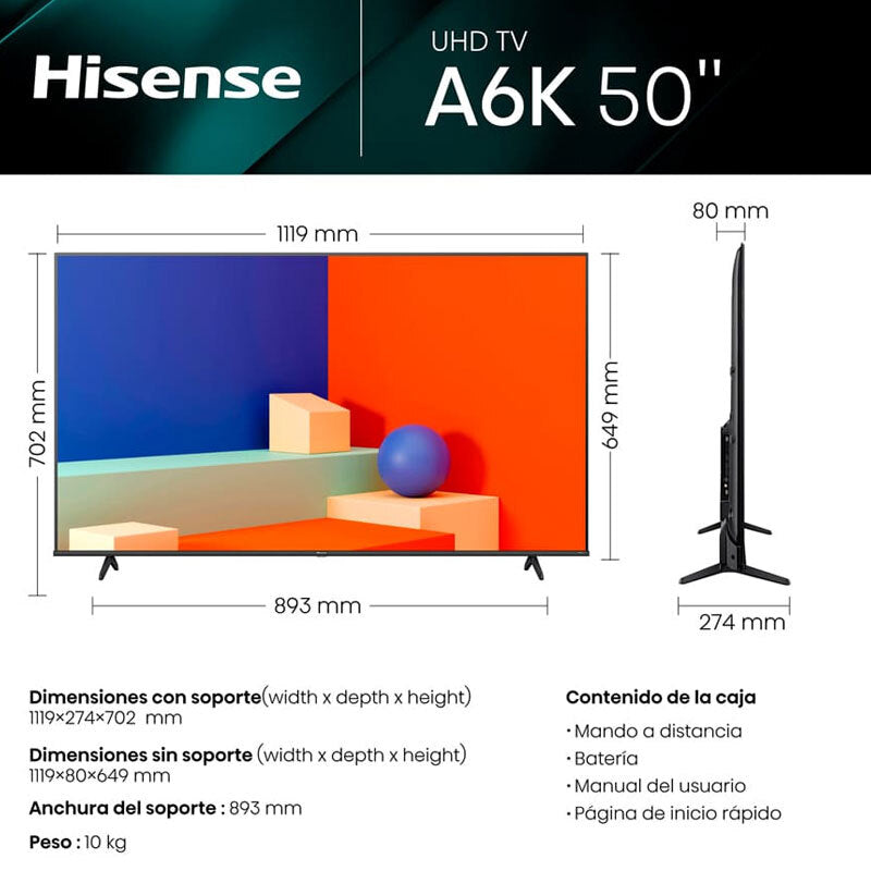 TV 4K 125cm - 50''  Hisense 50A6K (1)