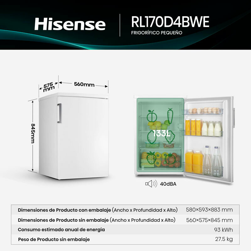 Frigorífico 1 Puerta Hisense RL170D4BWE Blanco (1)