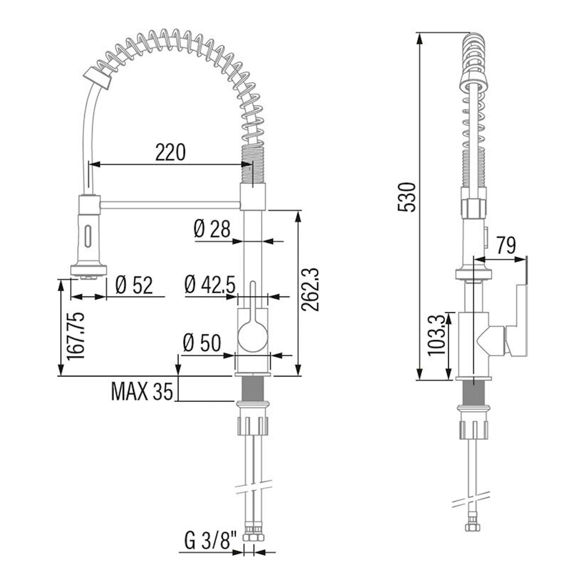 Dibujo técnico del grifo Cata CPB CROMO/A, vistas frontal y lateral con medidas.