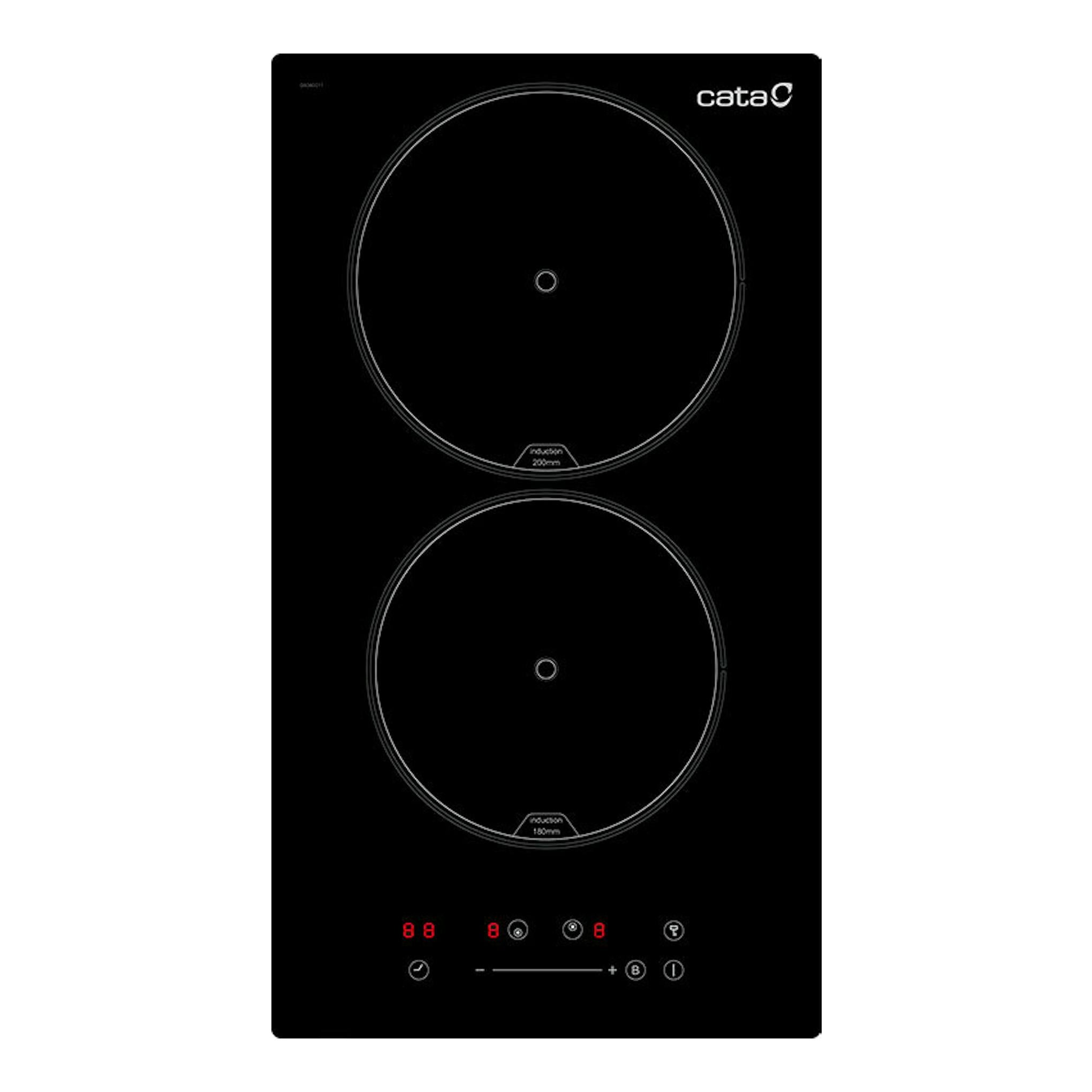 Placa de inducción Cata ISB 3102 BK/A negra, vista frontal, con dos zonas circulares y panel táctil.