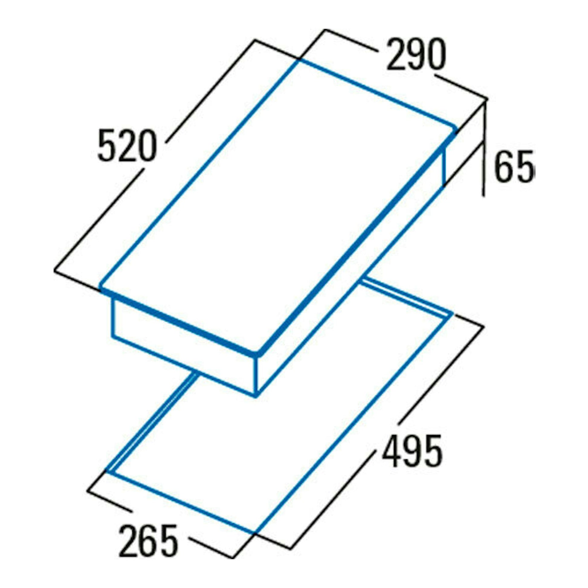 Cata ISB 3102 BK/A: dibujo técnico isométrico de placa de inducción negra con cotas 520, 290, 65, 495 y 265 mm.