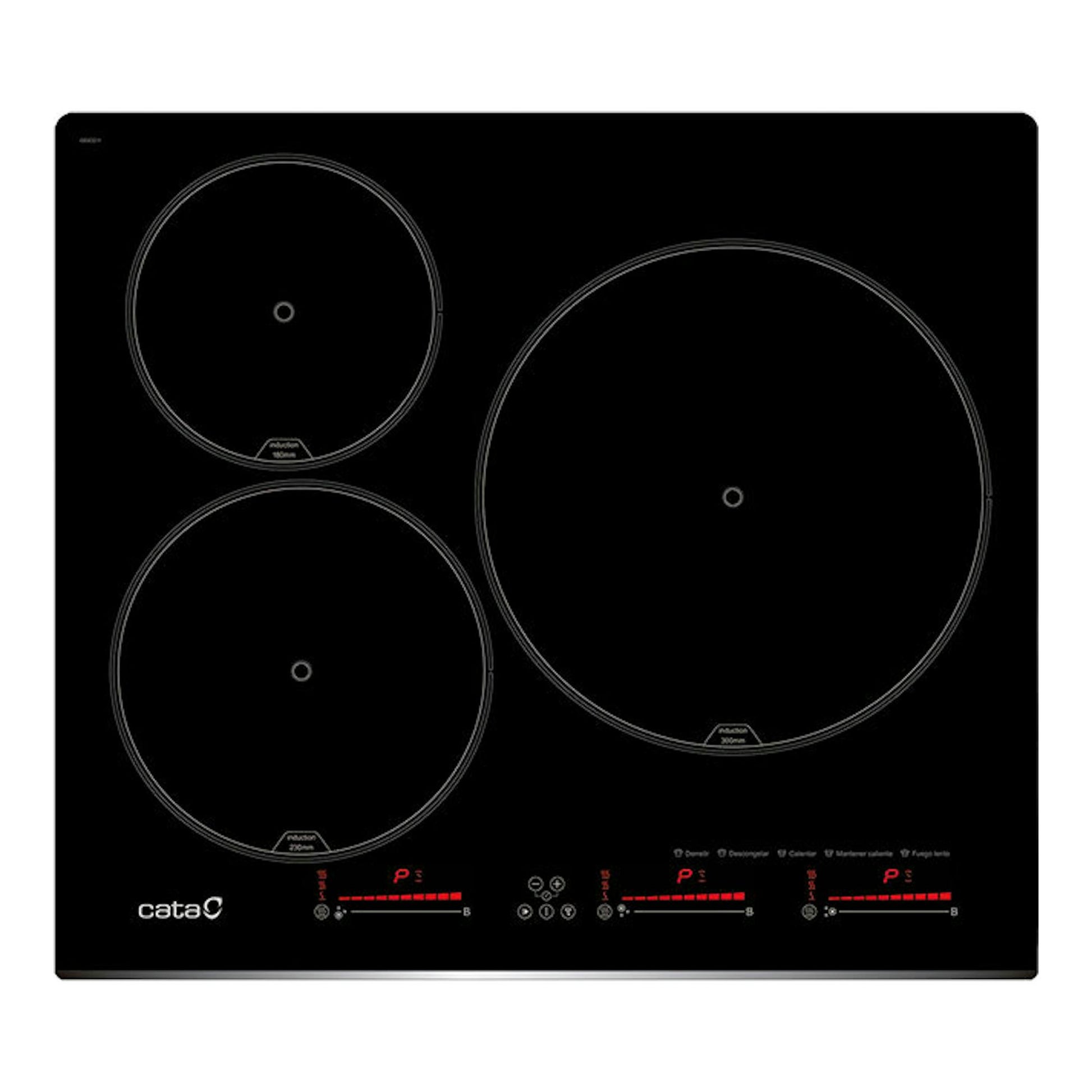 Placa de inducción Cata INSB6003BK/A negra, vista frontal superior, con tres zonas de cocción circulares.
