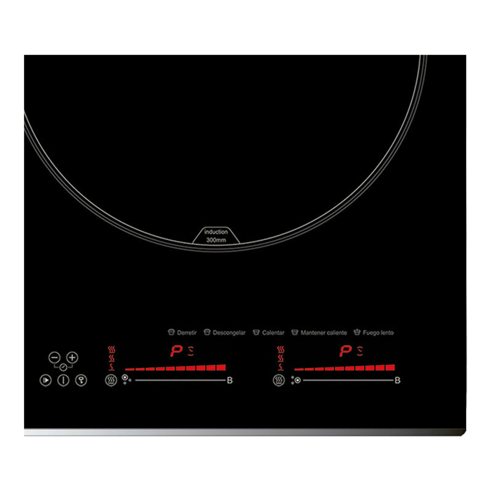 Placa de inducción Cata INSB6003BK/A negra, vista frontal, con controles táctiles y zonas circulares.