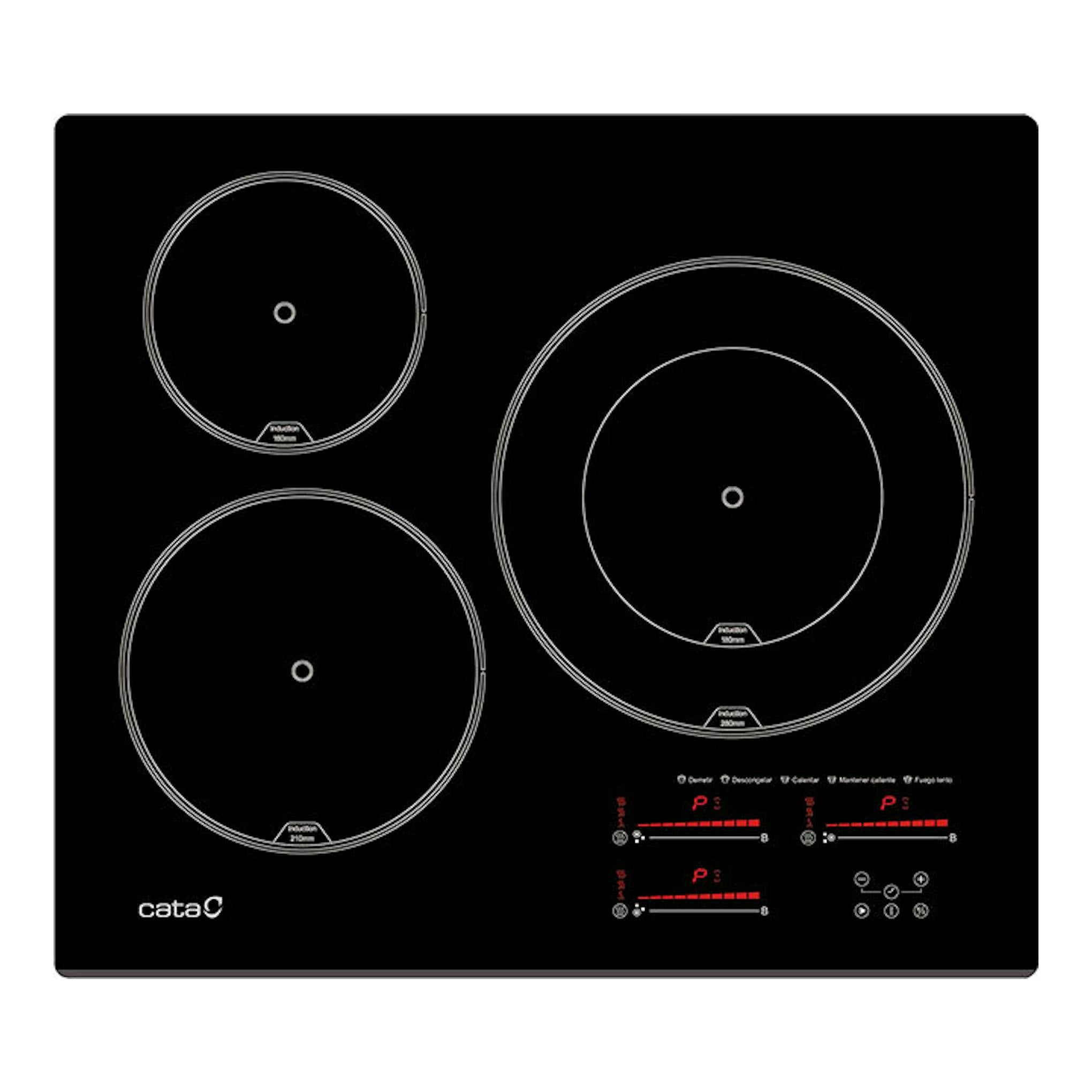 Placa de inducción Cata negra, vista frontal, con 4 zonas de cocción circulares y panel táctil.
