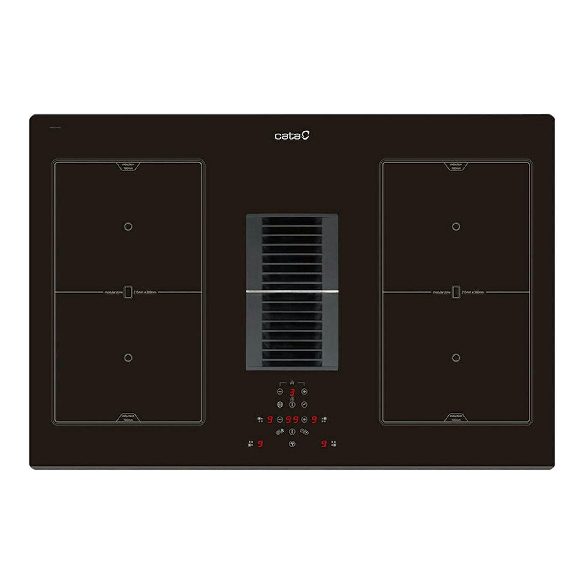 Placa de inducción negra Cata AS750 2 FLEX/A con extractor central integrado, vista superior.