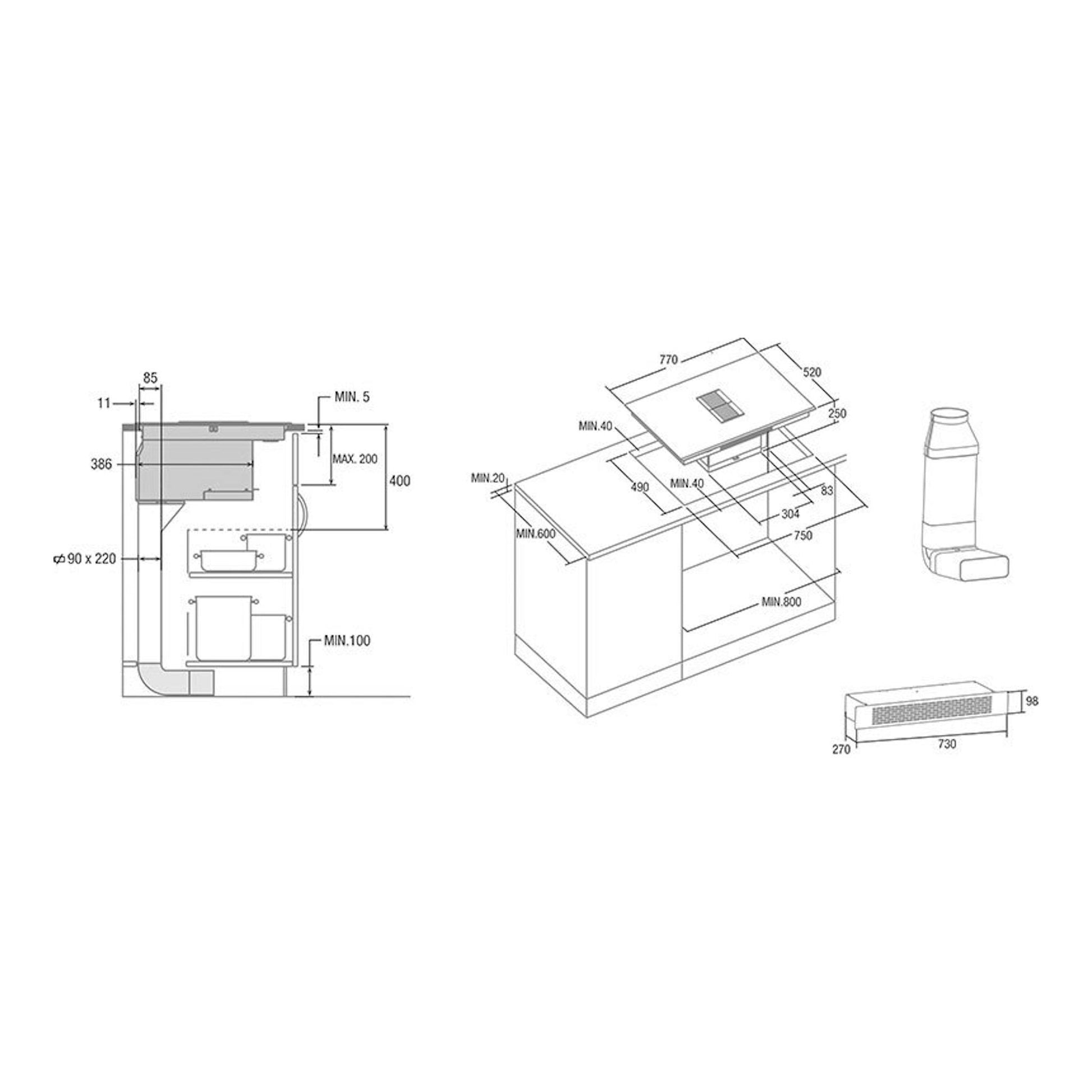 Cata AS750 2 FLEX/A 70 cm: esquema técnico de placa de inducción con extractor integrado, vista superior y lateral.