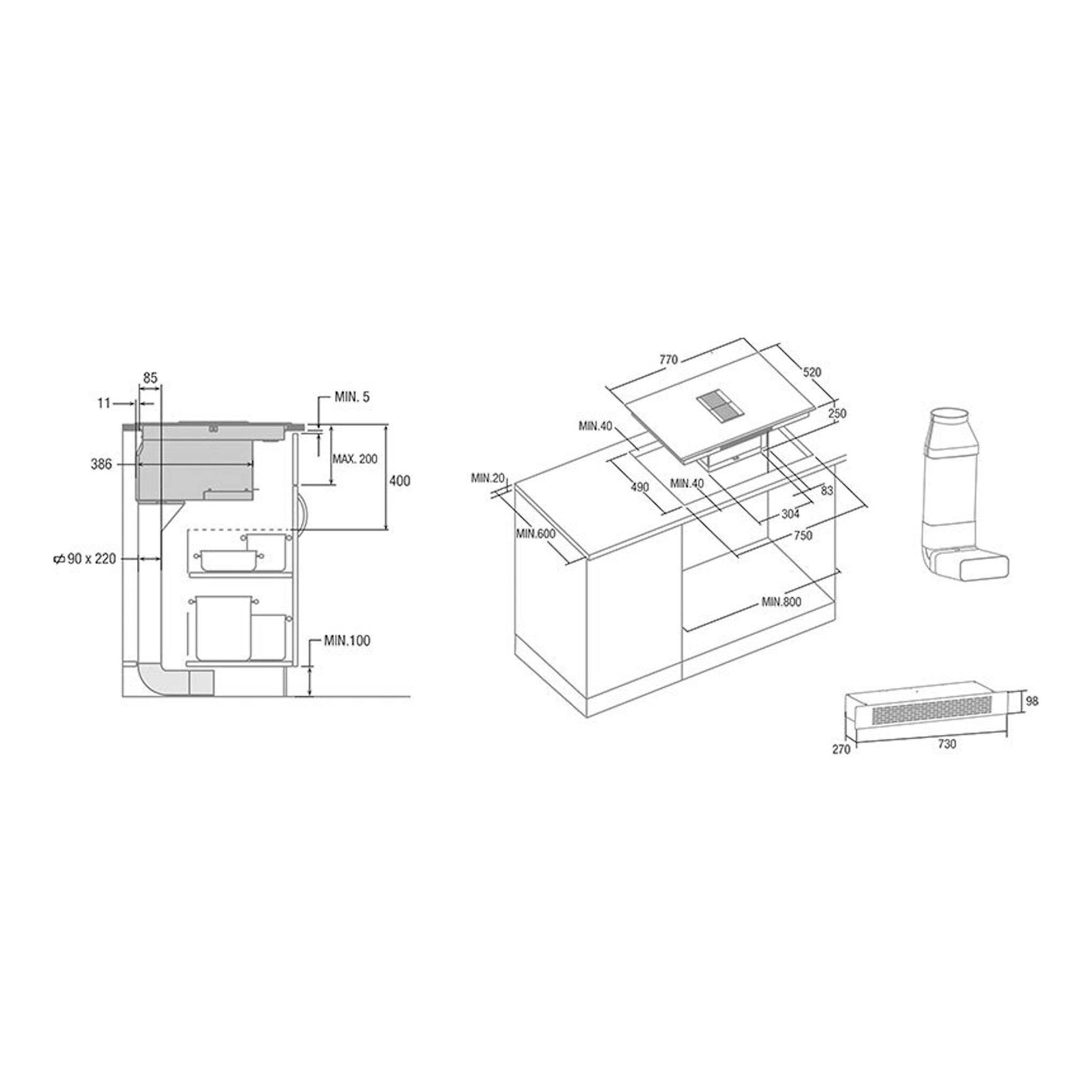 Cata AS750 2 FLEX/A 70 cm: esquema técnico de placa de inducción con extractor integrado, vista superior y lateral.