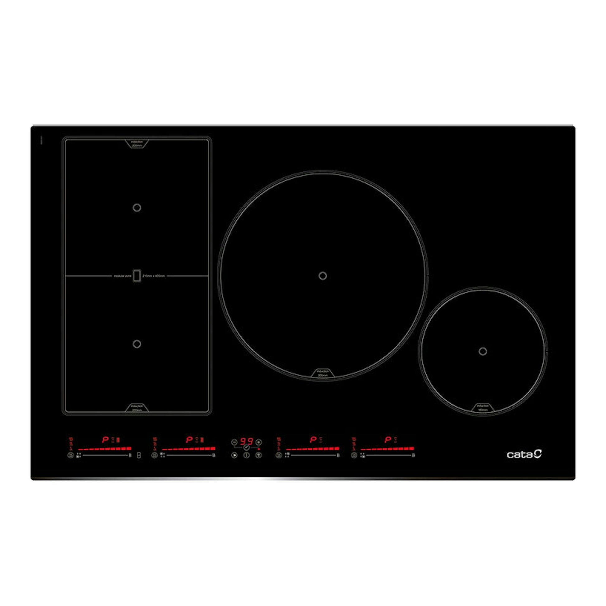 Placa de inducción Cata INSB8021BK/A negra, vista frontal, con cuatro zonas de cocción.