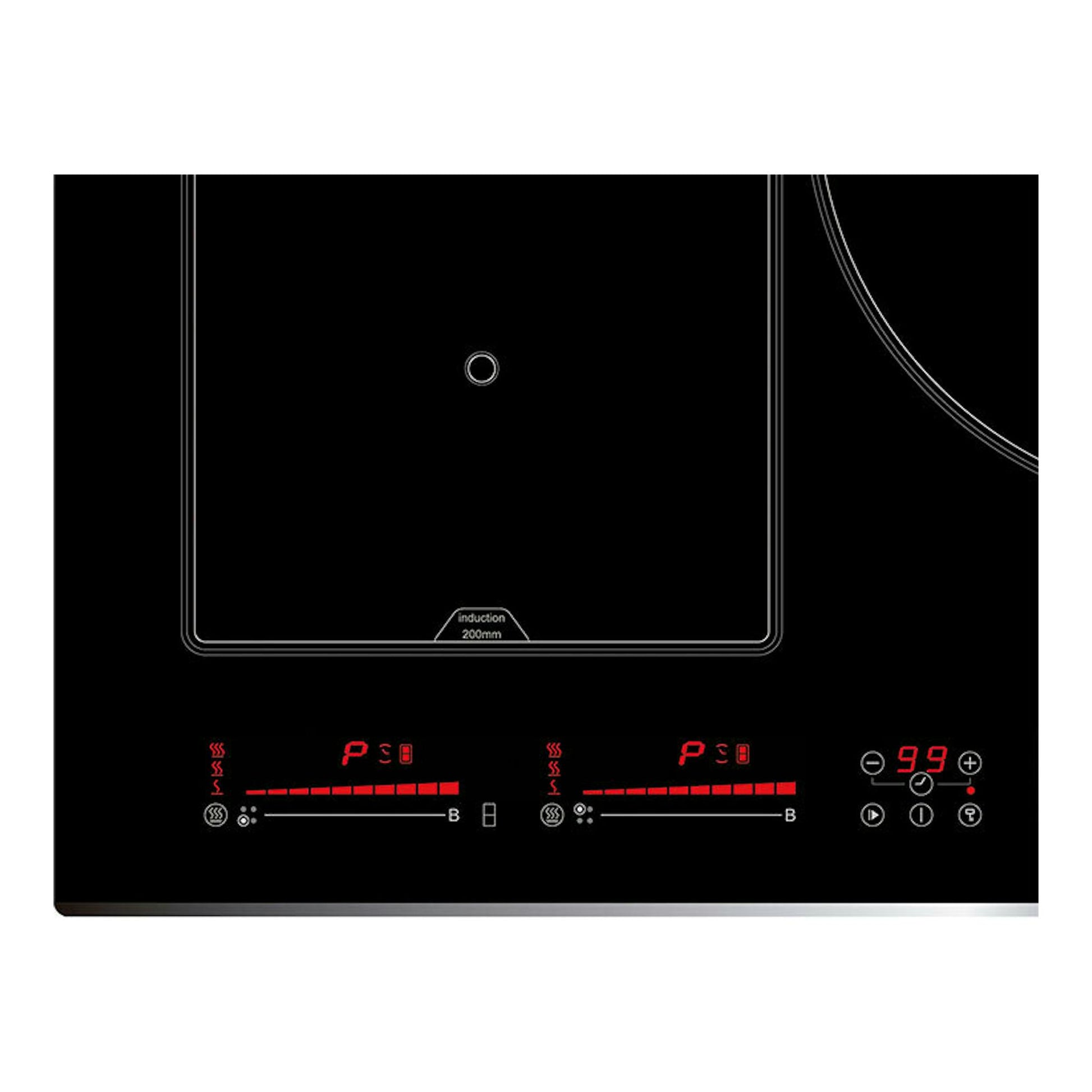 Placa de inducción Cata INSB8021BK/A negra, vista frontal parcial, con controles táctiles rojos.
