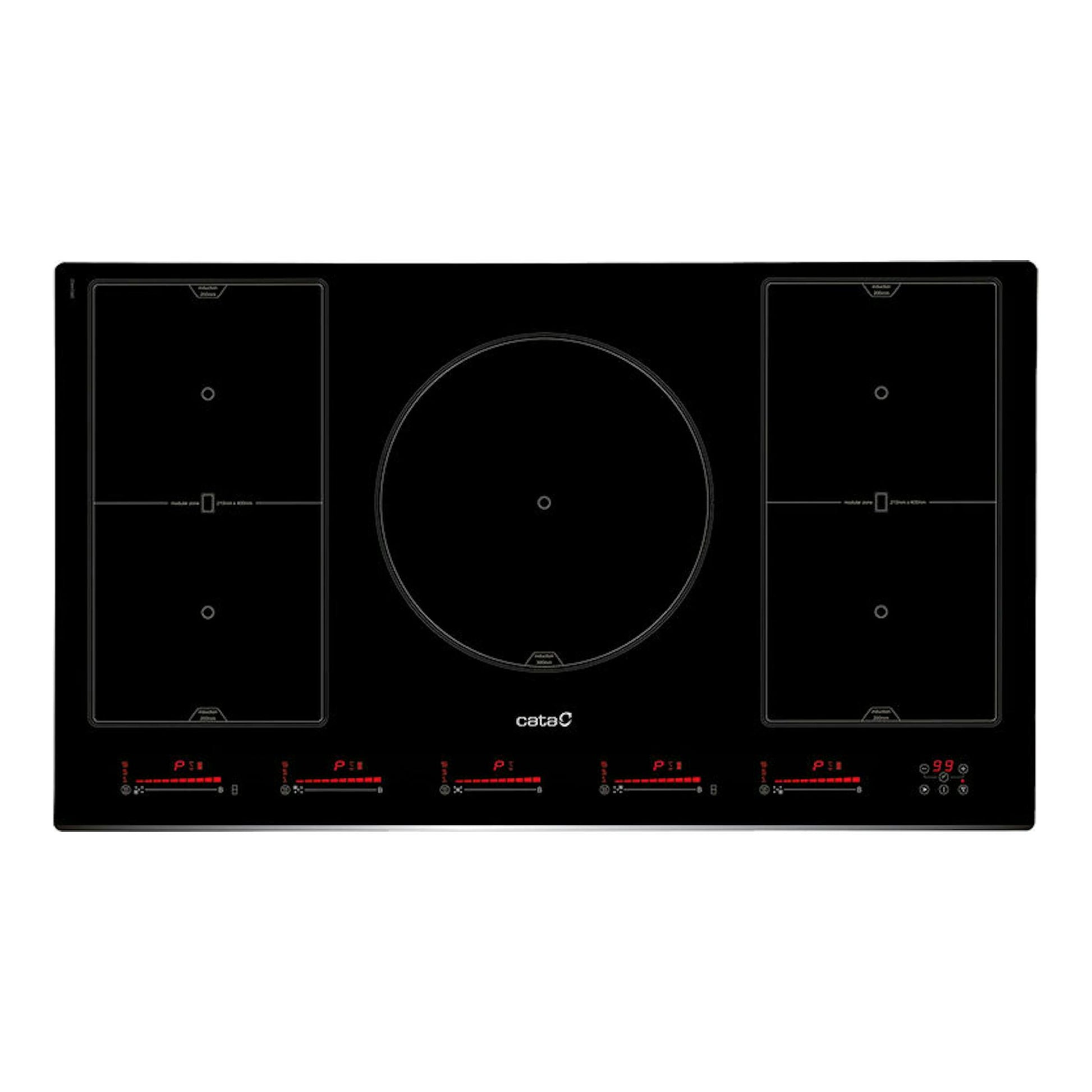 Placa de inducción Cata INSB9012BK/A negra, vista frontal, con tres zonas de cocción y panel táctil.