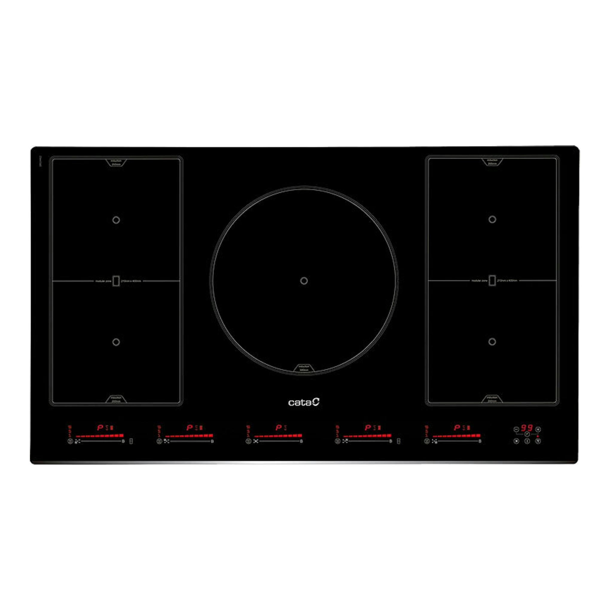 Placa de inducción Cata INSB9012BK/A negra, vista frontal, con tres zonas de cocción y panel táctil.